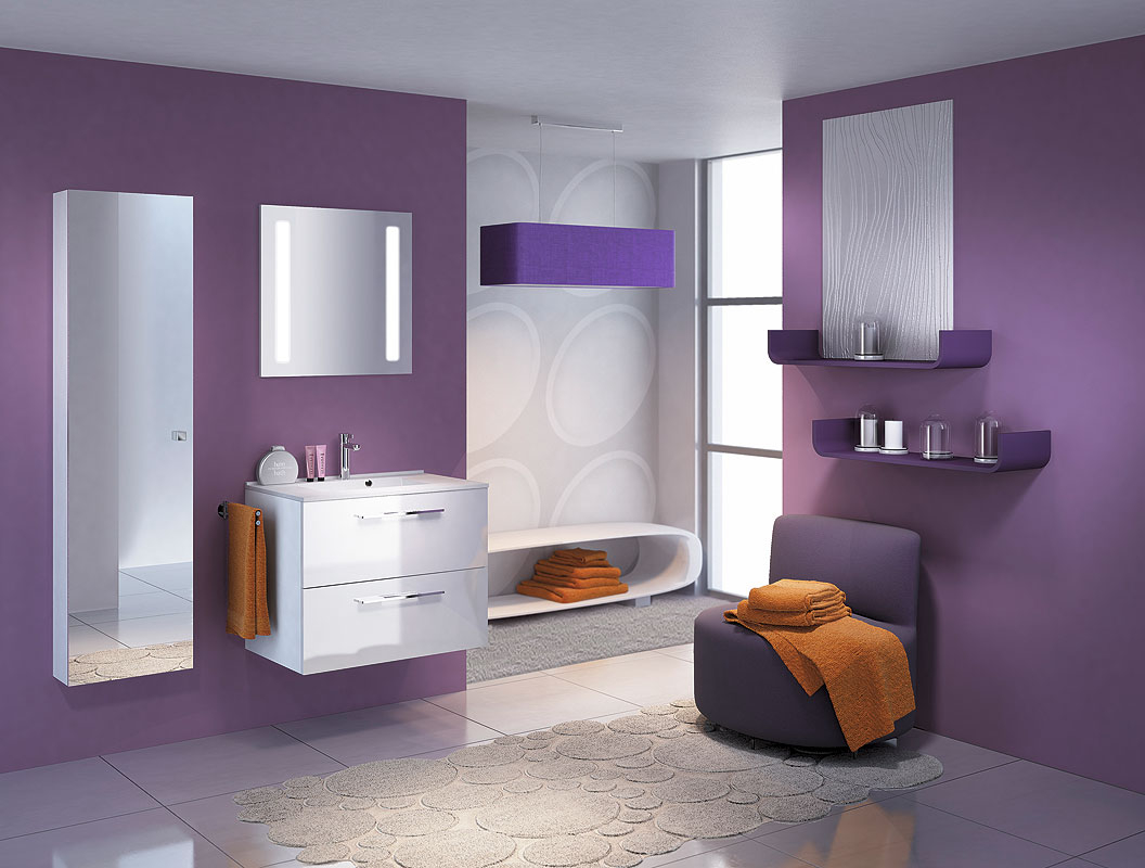 Amazing Purple Bathroom Walls Design With Glazed White Floating regarding sizing 1056 X 800