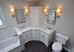 Custom Master Bathroom With Double Corner Vanity Tower Cabinet inside proportions 3718 X 2639
