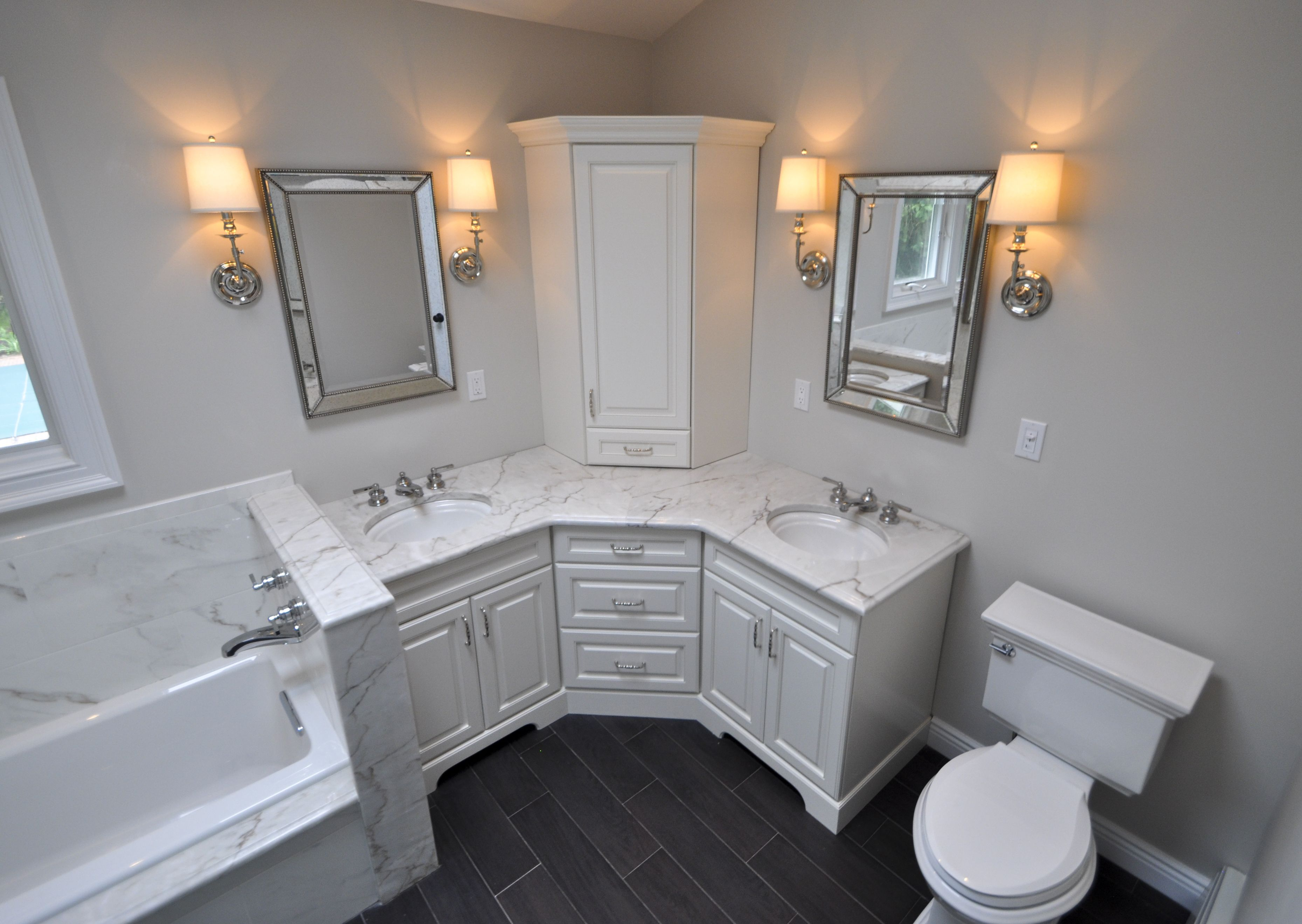 Custom Master Bathroom With Double Corner Vanity Tower Cabinet within proportions 3718 X 2639