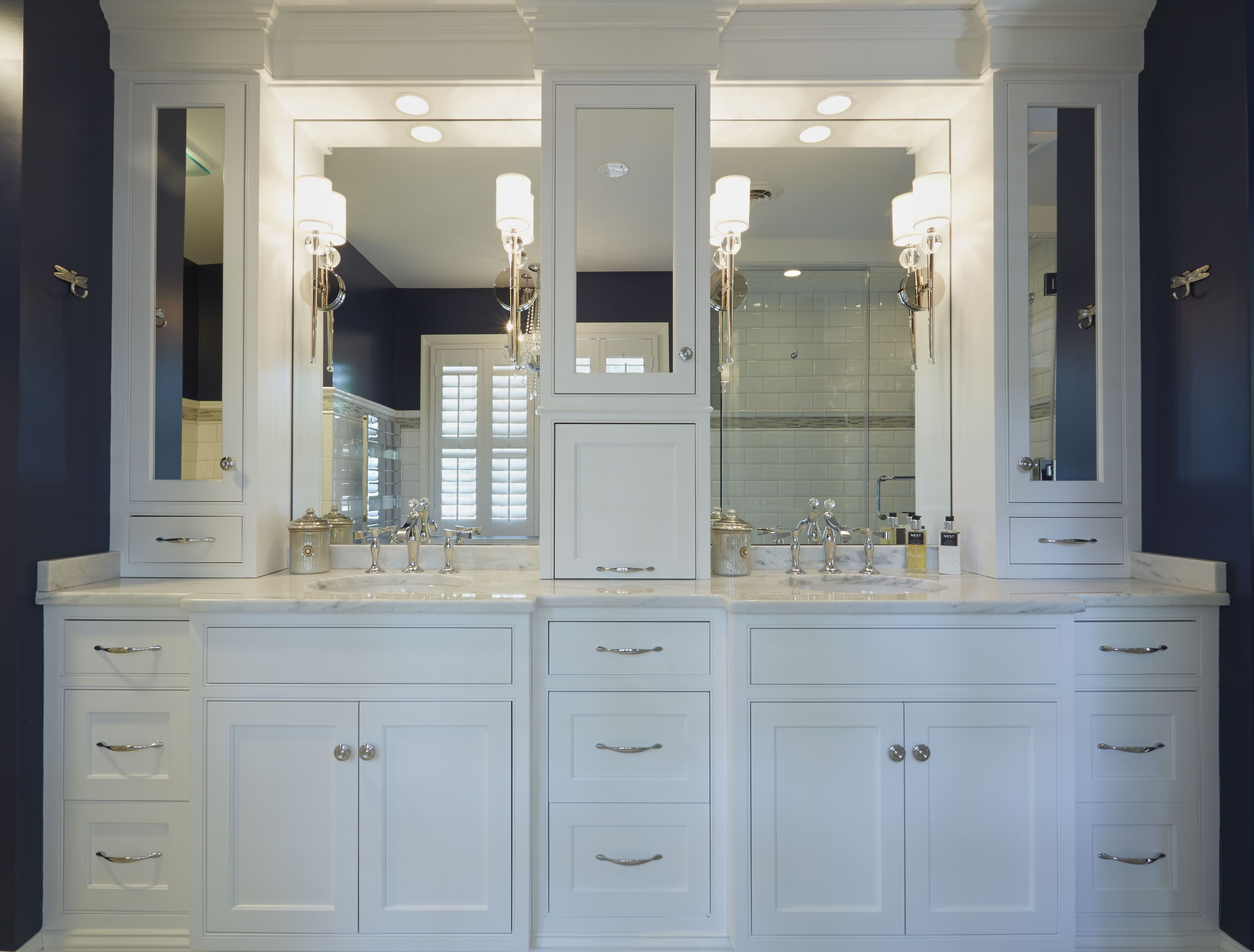Double White Vanities With Mirrored Upper Cabinets And Lots Of within size 5058 X 3840