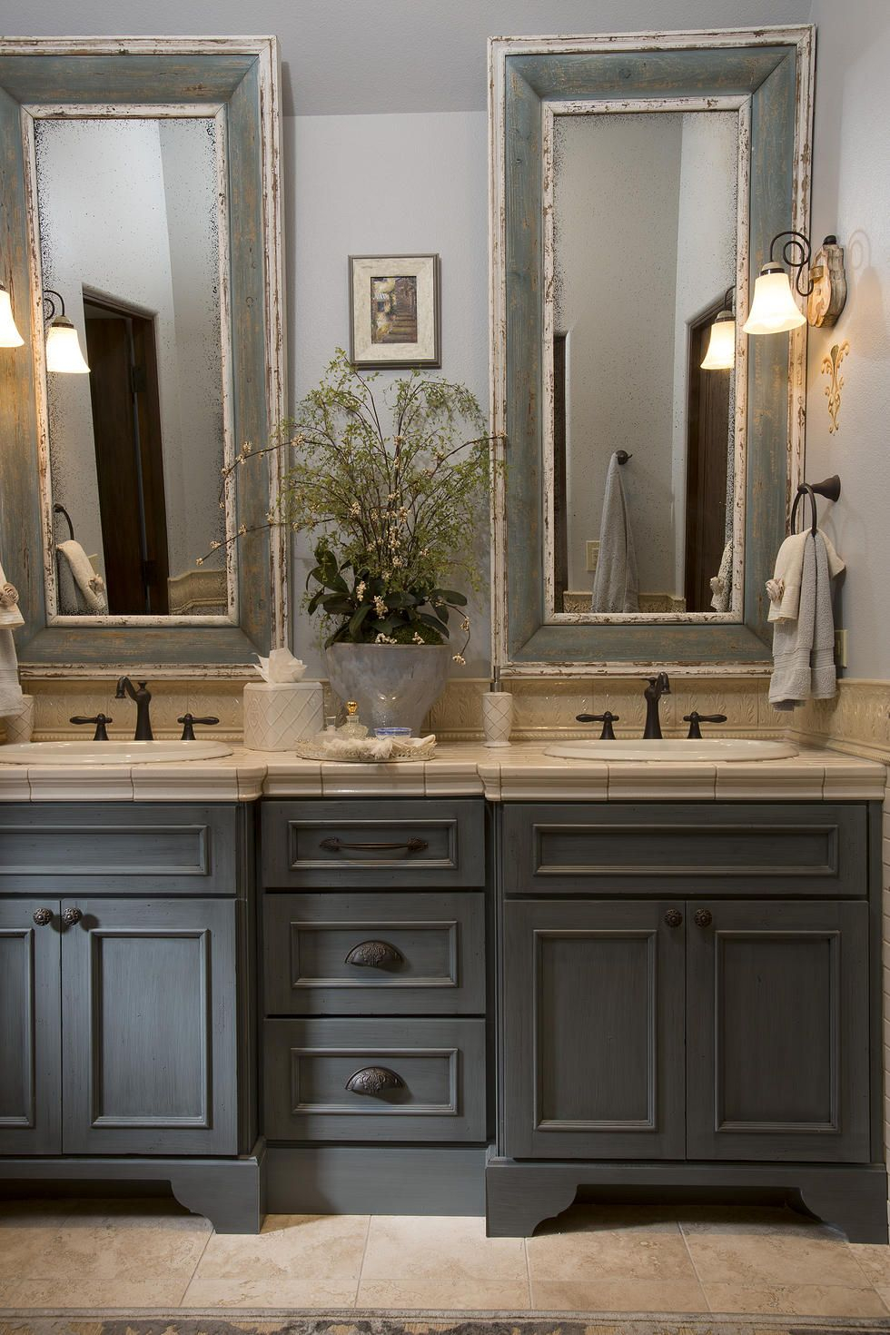 French Country Bathroom With Gray Washed Cabinets Mirrors With with dimensions 980 X 1470