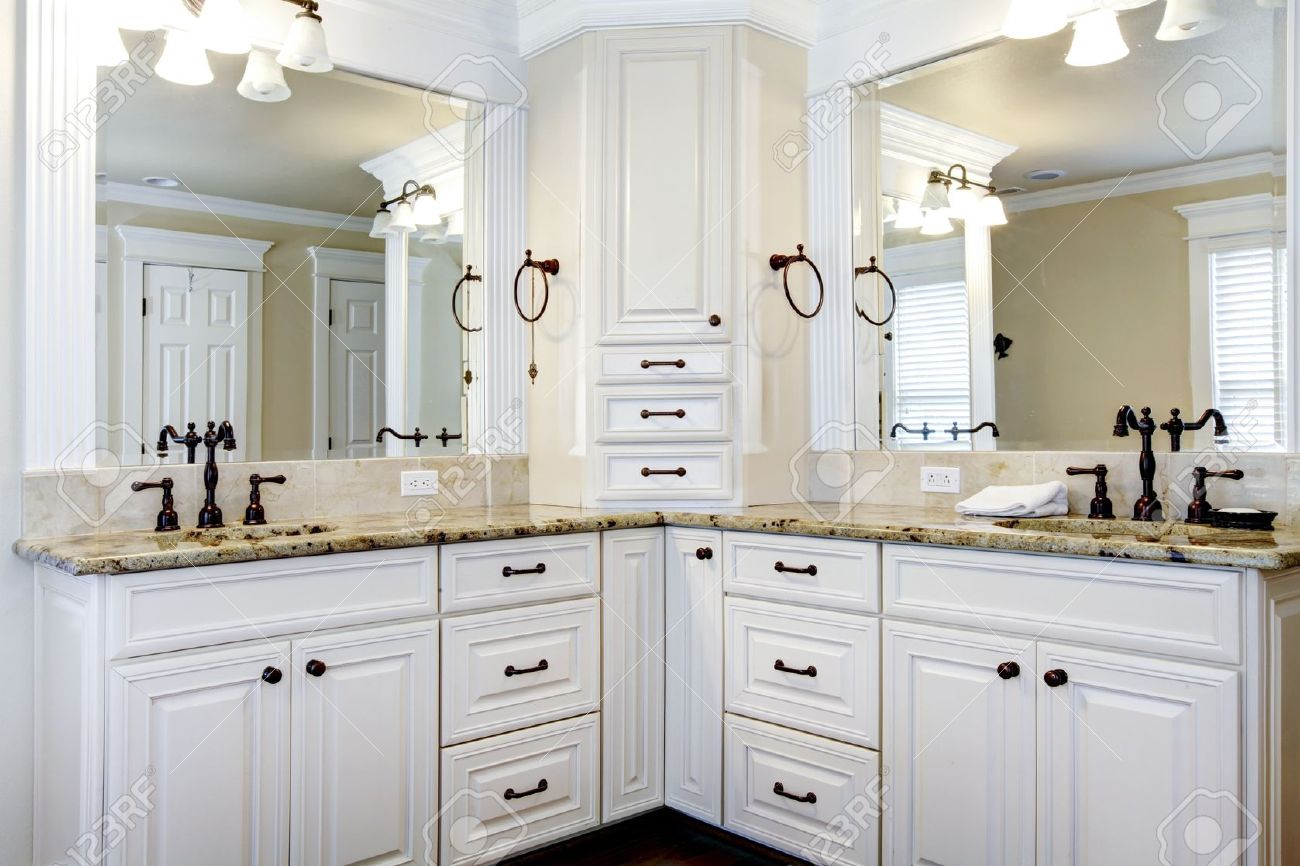 Luxury Large White Master Bathroom Cabinets With Double Sinks Stock inside size 1300 X 866