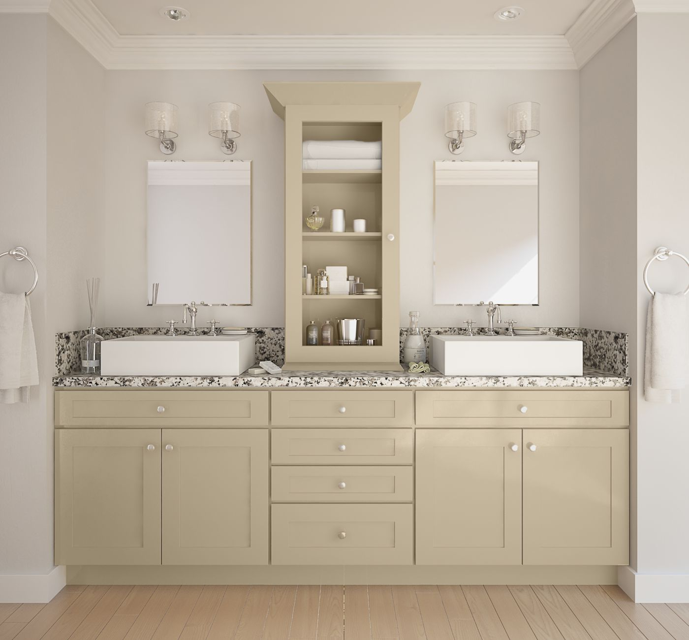 Society Shaker Khaki Semi Custom Pre Assembled Bathroom Vanities with regard to sizing 1400 X 1300