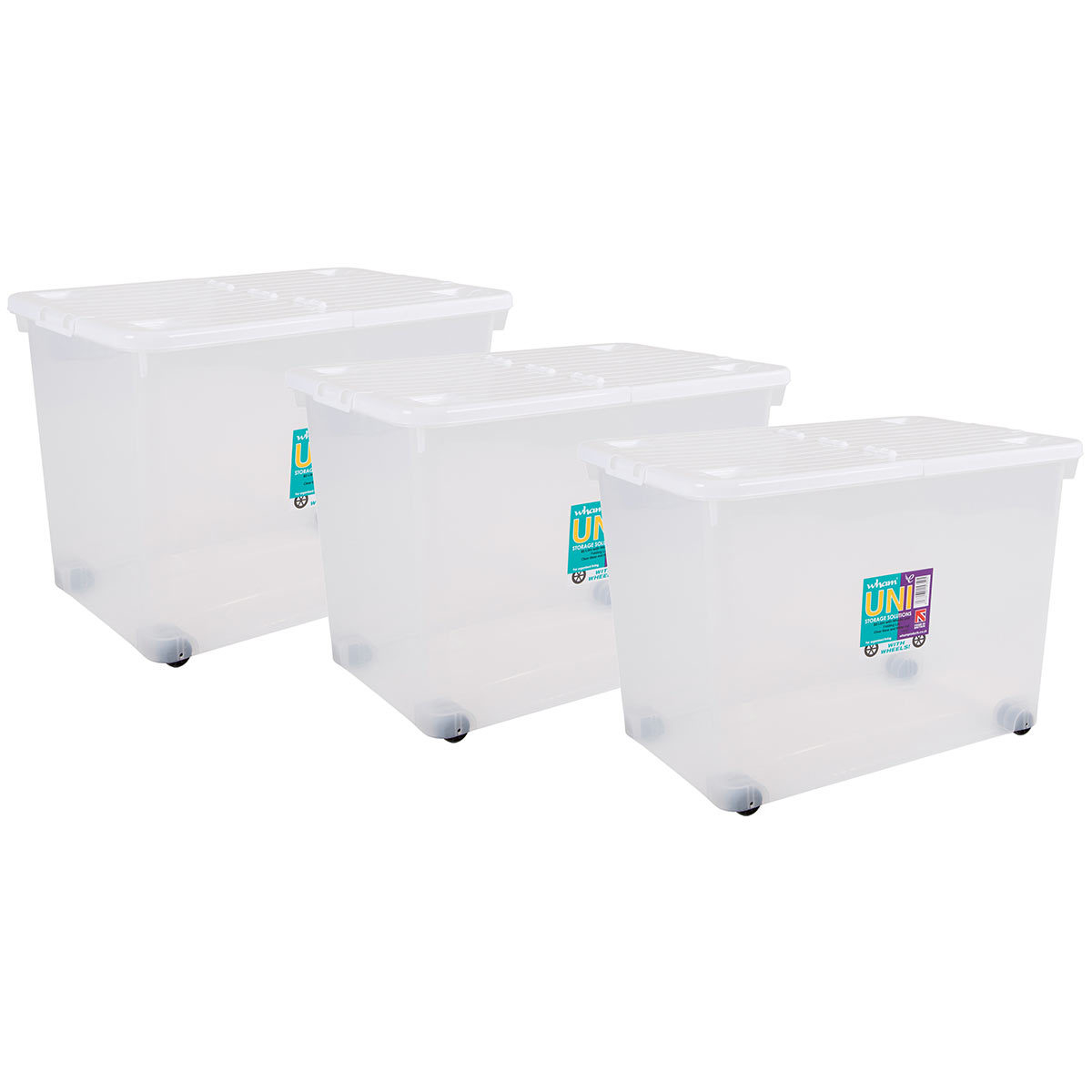 3 Pack Uni 80 Litre Wham Storage Box With Wheels Folding Lid In for sizing 1200 X 1200