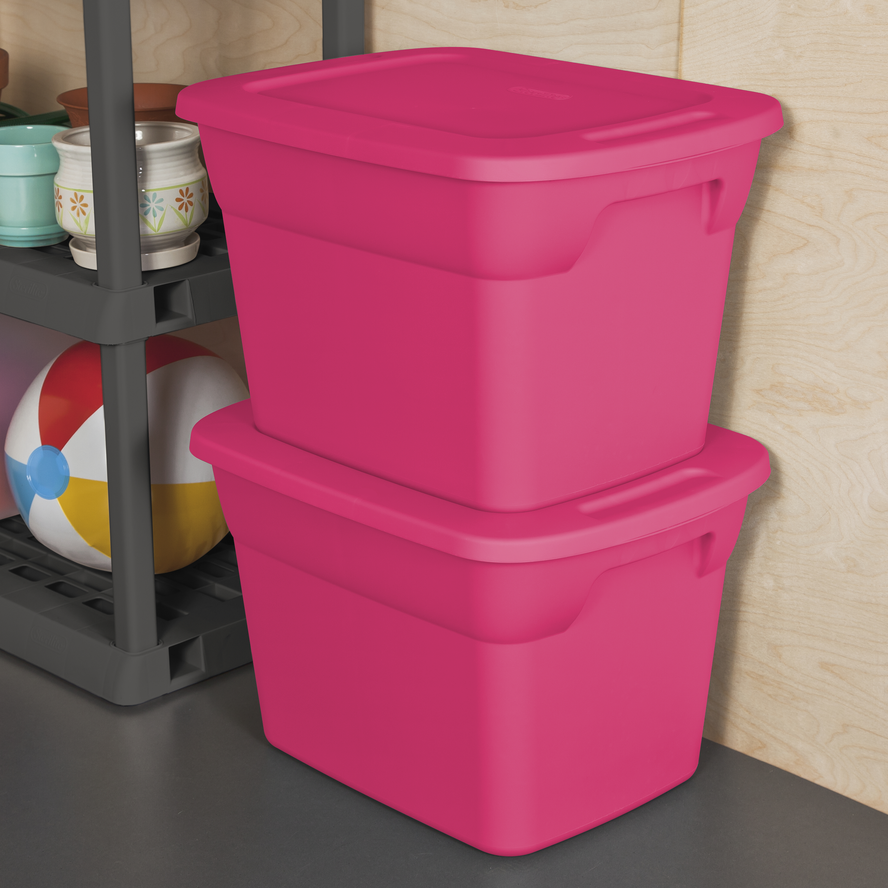 8 Pack Pink Plastic Storage Containers 18 Gallon Stackable Tote Box with dimensions 2930 X 2930
