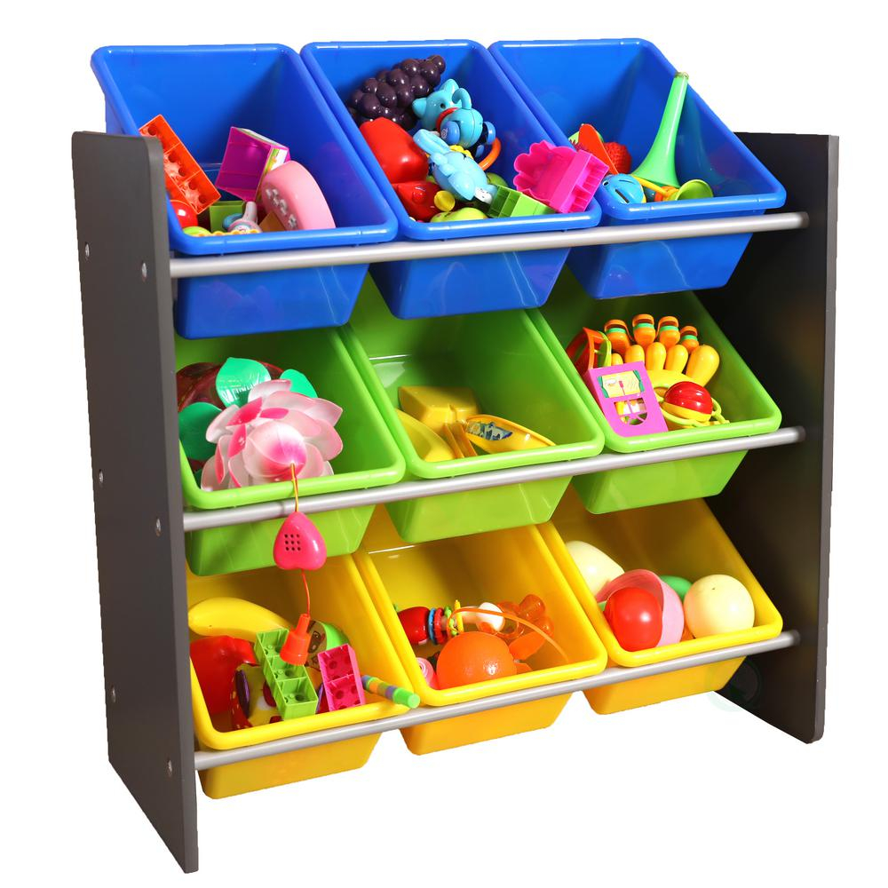 Basicwise 3 Tier Kids Toy Storage Organizer With 9 Plastic Bins throughout measurements 1000 X 1000