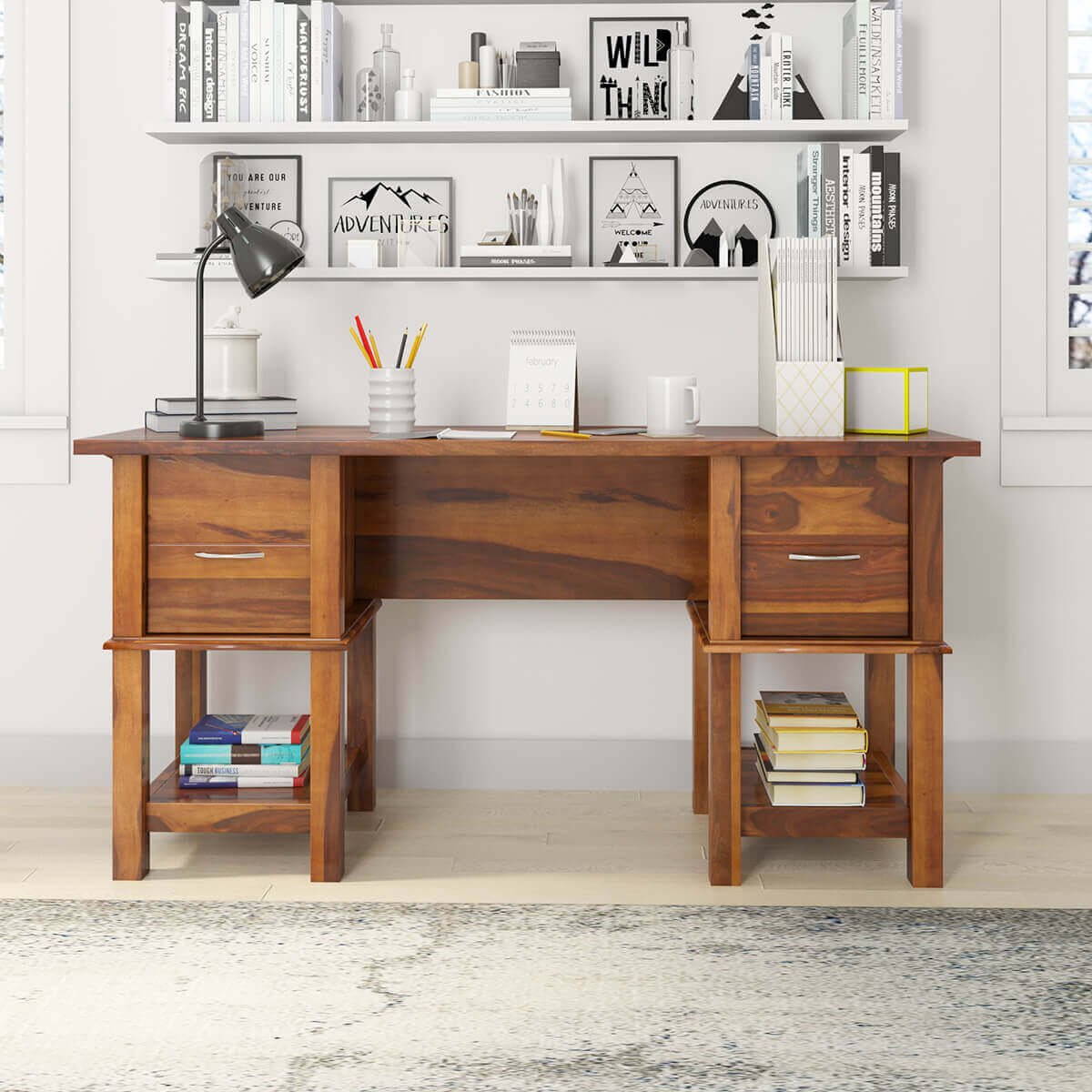 Burnettsville Rustic Solid Wood Writing Desk With File Cabinets throughout measurements 1200 X 1200