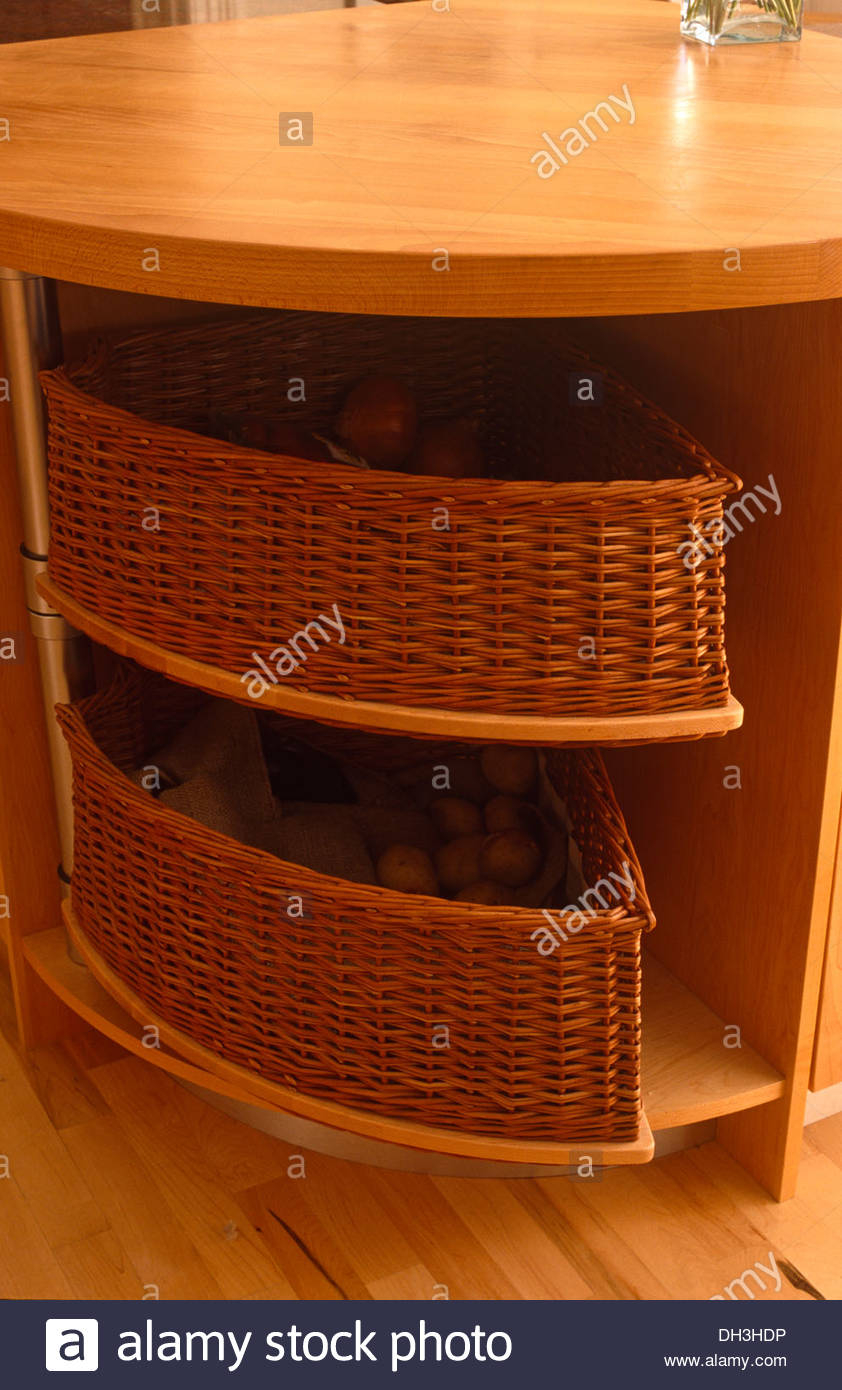 Close Up Of Wicker Storage Baskets In Curved Corner Unit In Modern inside dimensions 842 X 1390