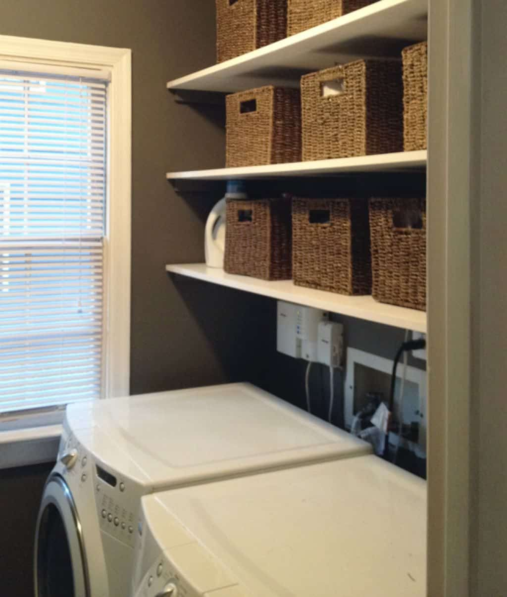 Narrow Laundry Room With Cabinets And Open Shelves Also Bins Good with regard to size 1024 X 1206