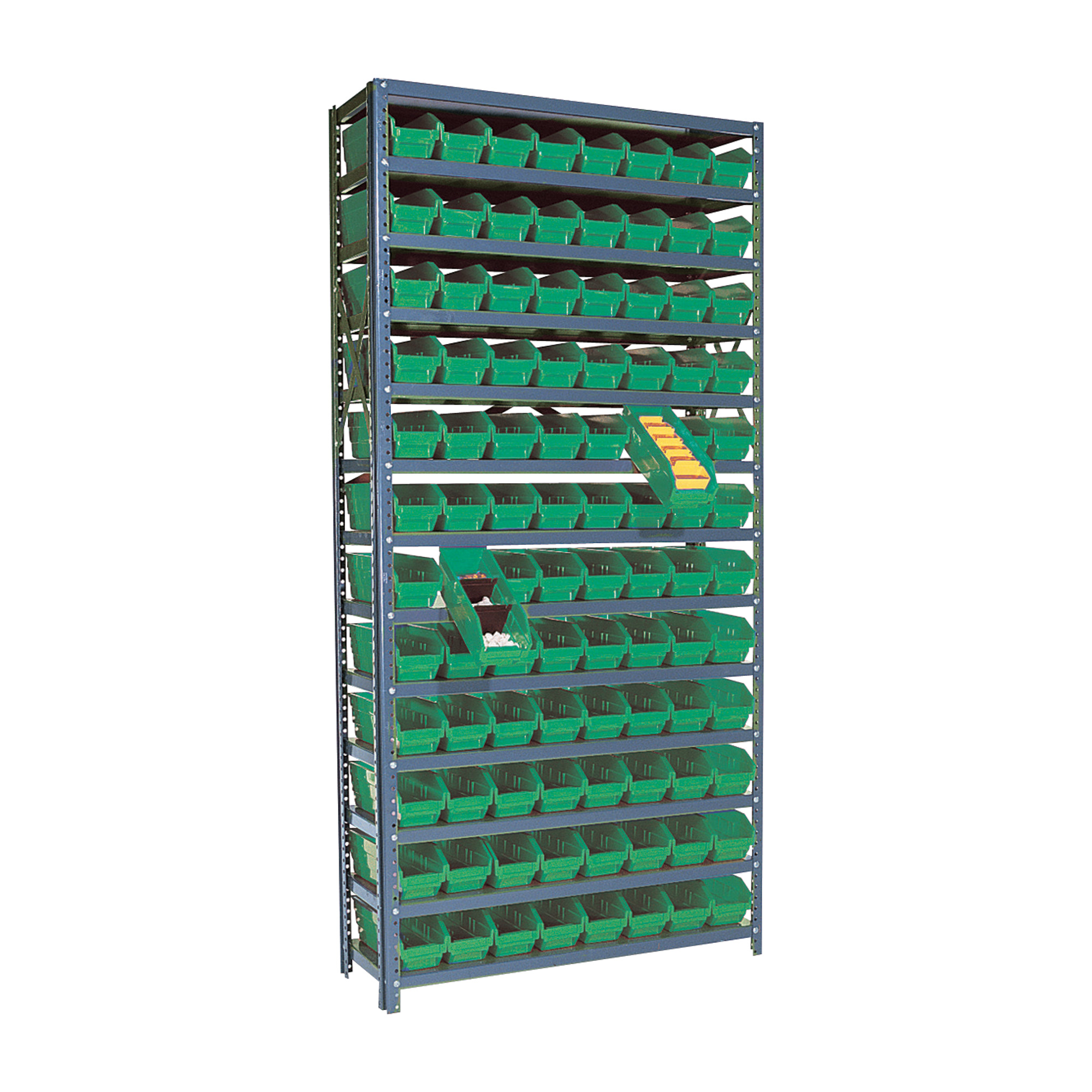 Quantum Storage Single Side Metal Shelving Unit With 96 Bins 12in X 36in X 75in Rack Size Green Model 1275 101 Gn regarding size 2000 X 2000