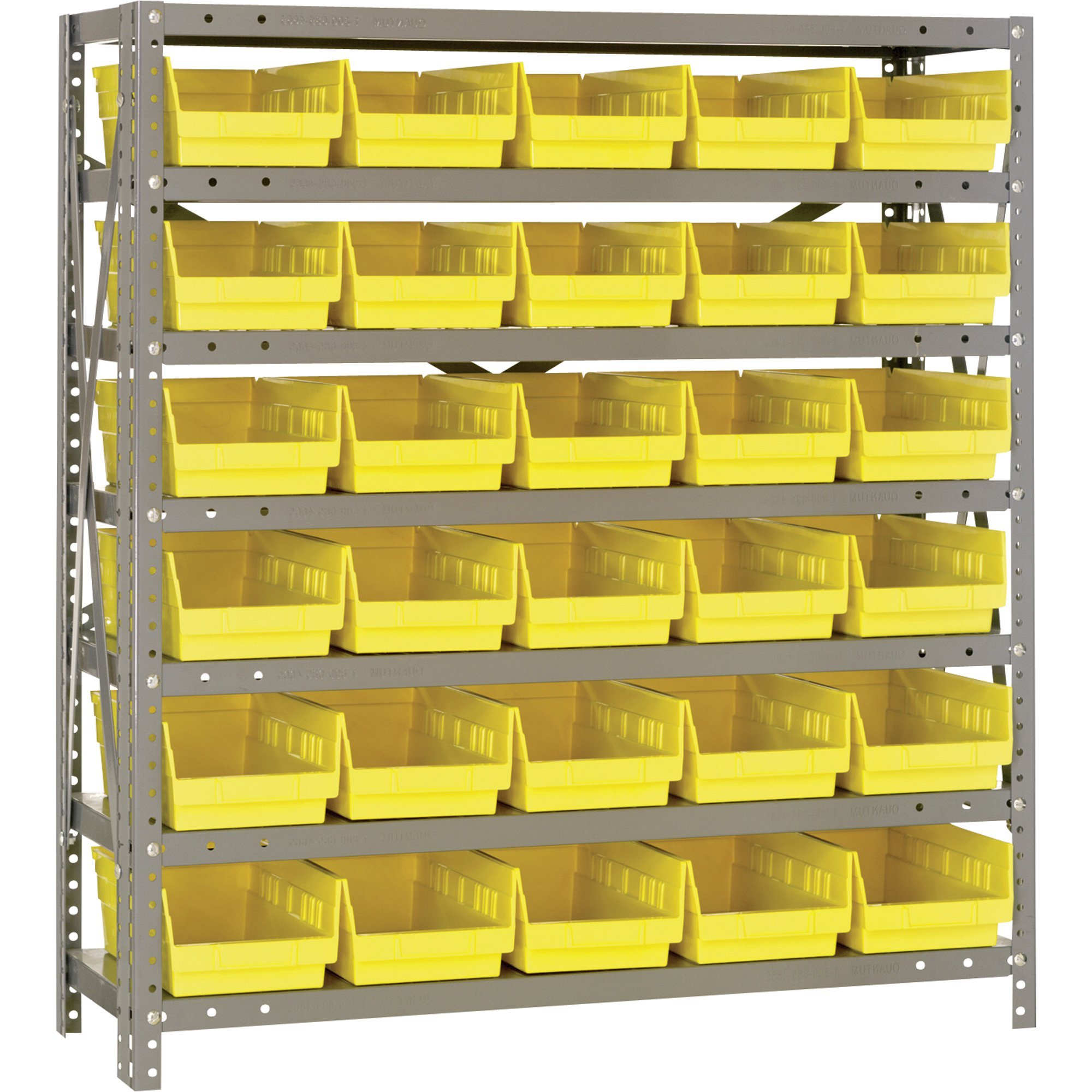 Quantum Storage Single Sided Steel Shelving Unit With 30 Bins 36inw X 12ind X 39inh Rack Size Yellow Model 1239 102y throughout dimensions 2000 X 2000