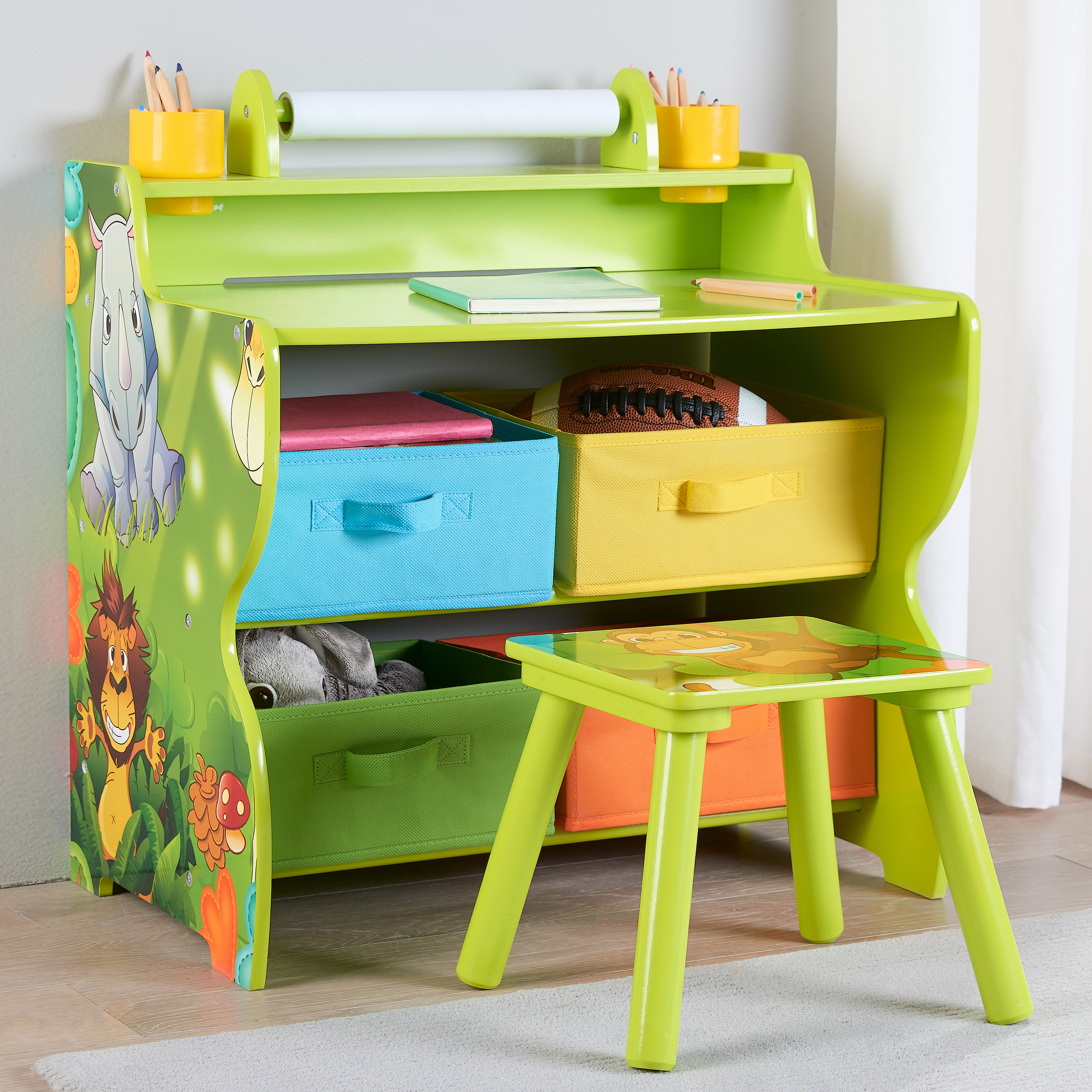 Senda Jungle Kids Writing Desk And Chair With 4 Storage Bins Green in size 3000 X 3000