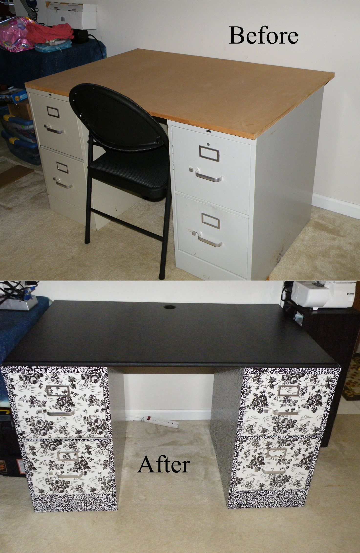 Sewing Desk Diy 2 Filing Cabinets Covered With Contact Paper And A throughout proportions 1474 X 2262