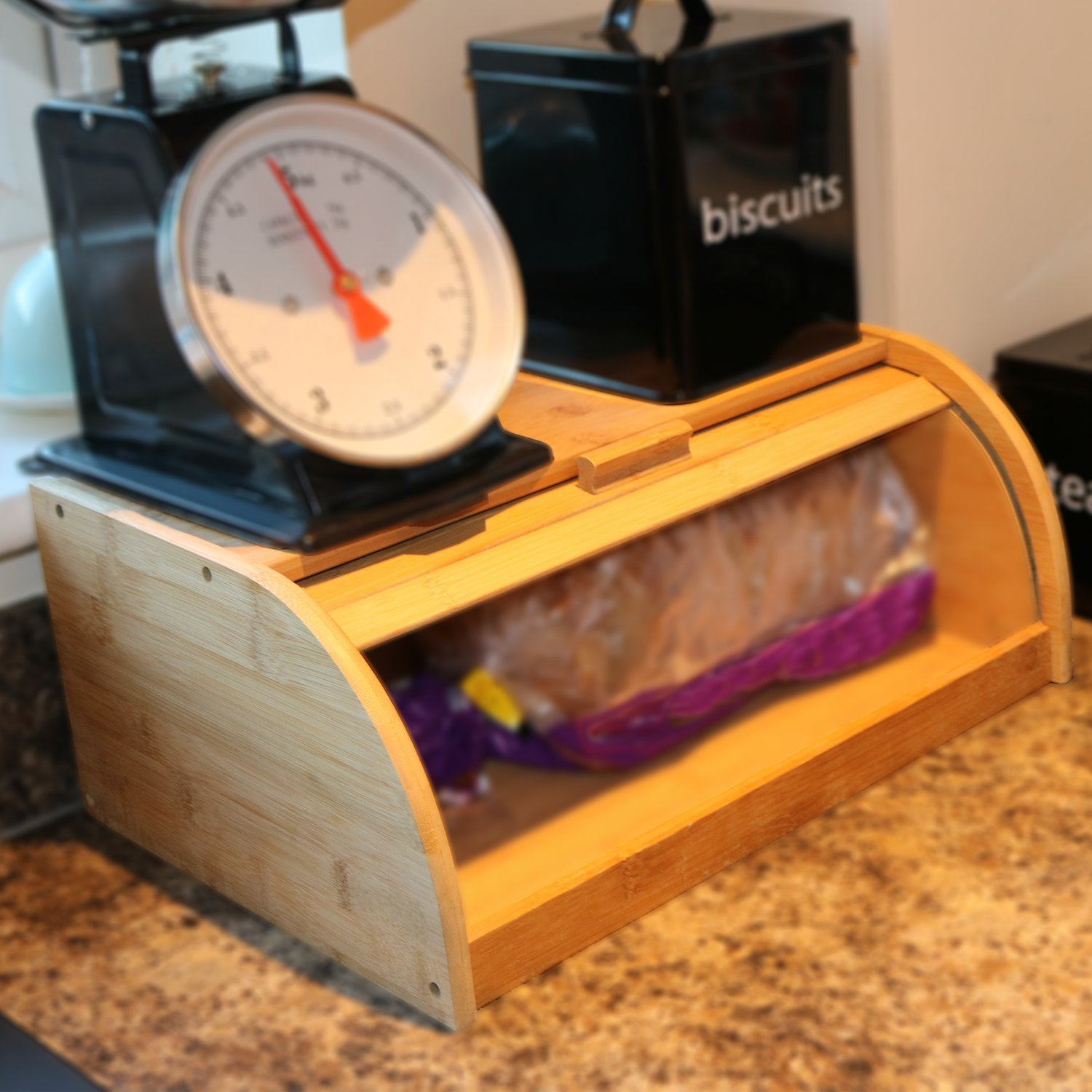 Single Layer Roll Top Bamboo Wooden Bread Bin Kitchen Storage with dimensions 1500 X 1500