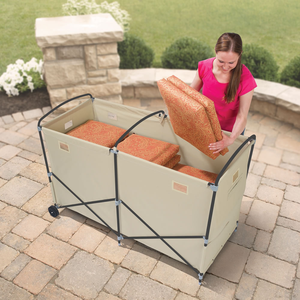 The Foldaway Patio Cushion Bin Hammacher Schlemmer throughout dimensions 1000 X 1000