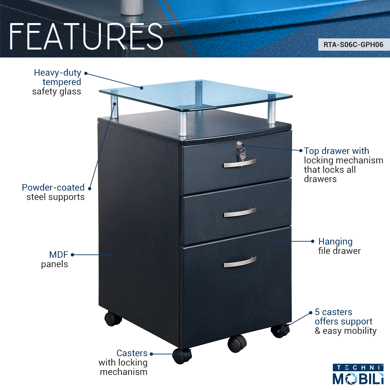 Vetro Rolling File Cabinet With Glass Top And 3 Drawers Graphite in size 1300 X 1300