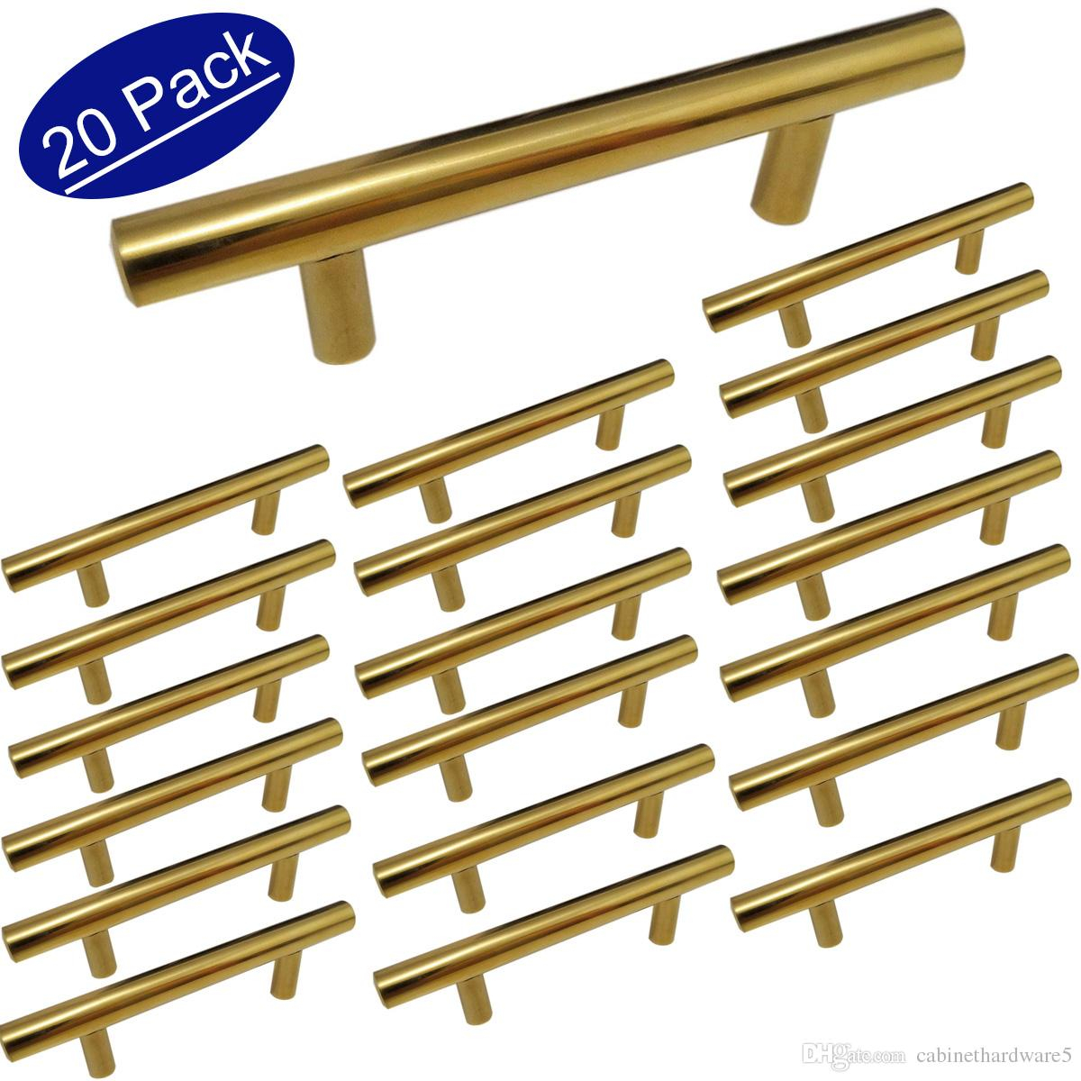 20 Pieces Gold Cabinet Pulls Polished Brass Drawer Handles Modern T Bar Euro Style Cupboard Knobs 3 Inch 76mm Screws Spacing5inch Length throughout measurements 1200 X 1200
