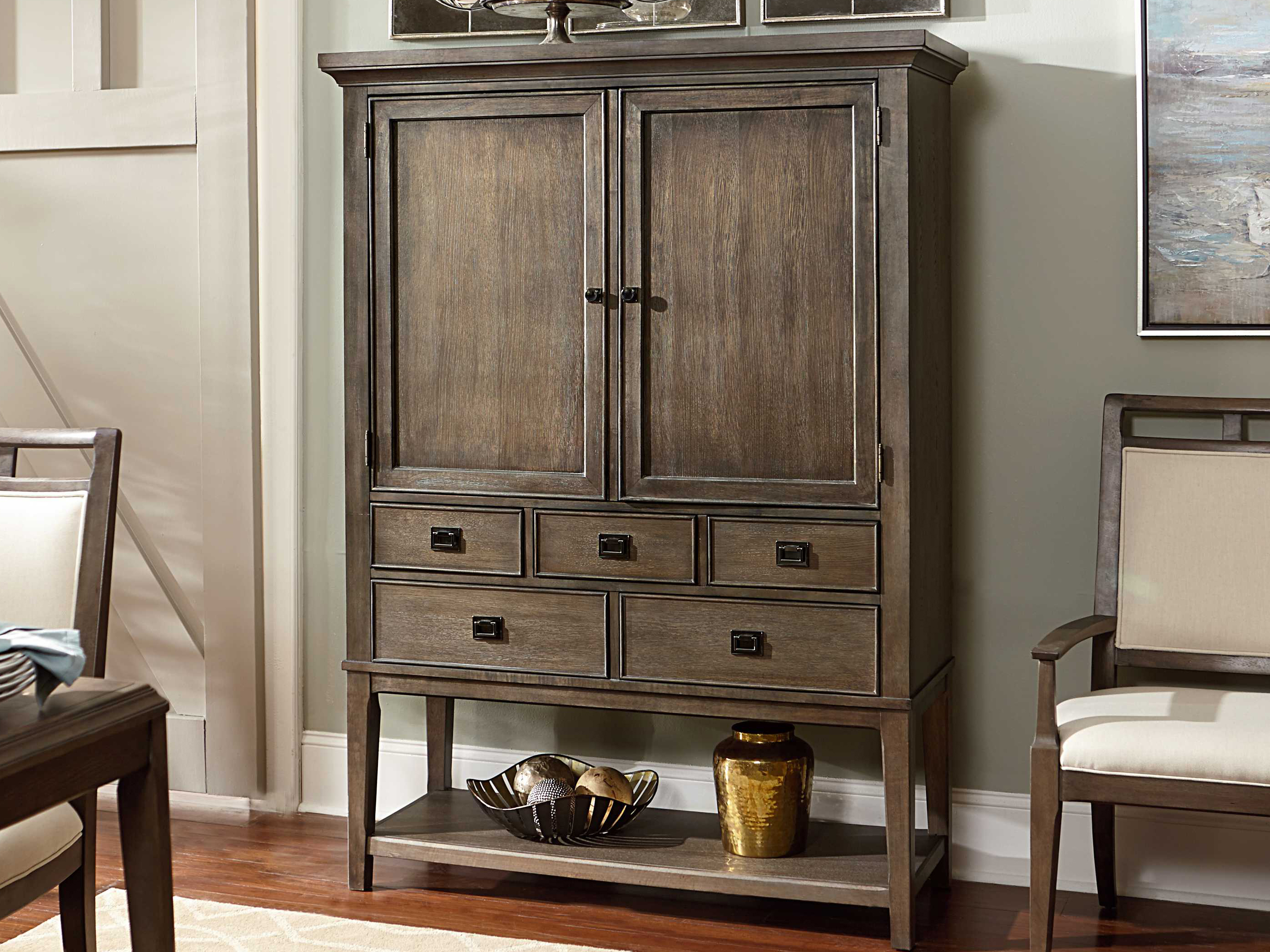American Drew Park Studio Weathered Taupe With Gray Wash Entertainment Bar Cabinet in dimensions 2796 X 2097