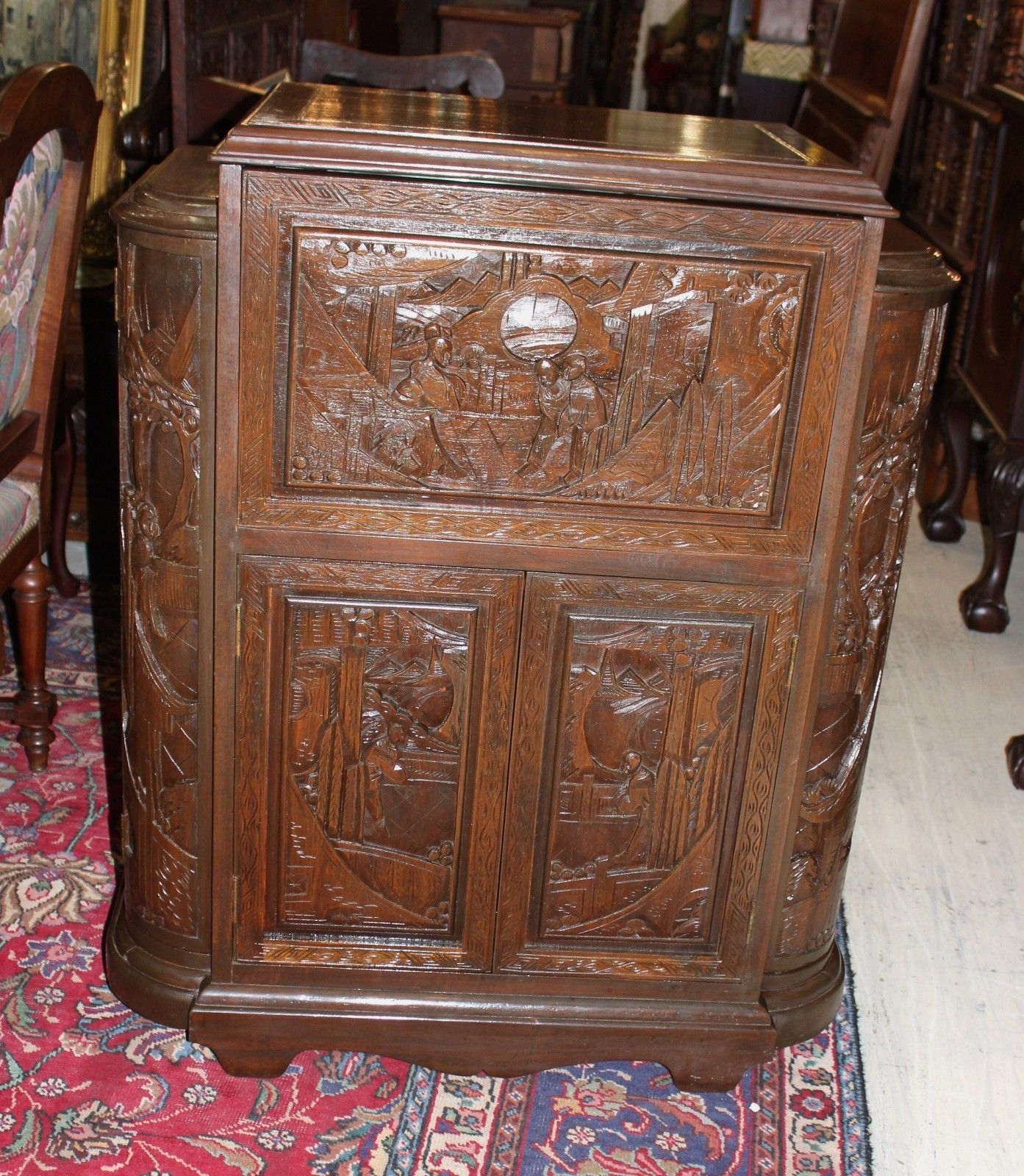 Chinese Hand Carved Teak Vintage Bar Or Liquor Cabinet in measurements 1393 X 1600