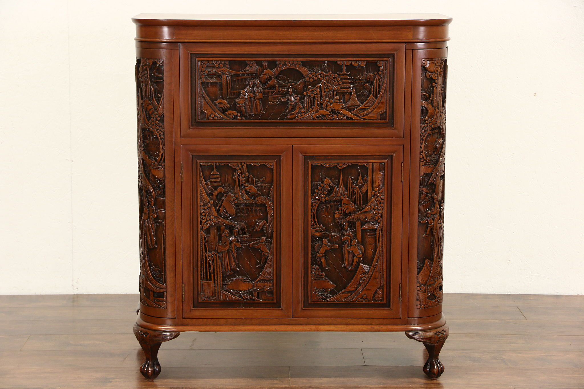 Chinese Hand Carved Teak Vintage Bar Or Liquor Cabinet Server with regard to proportions 2048 X 1365