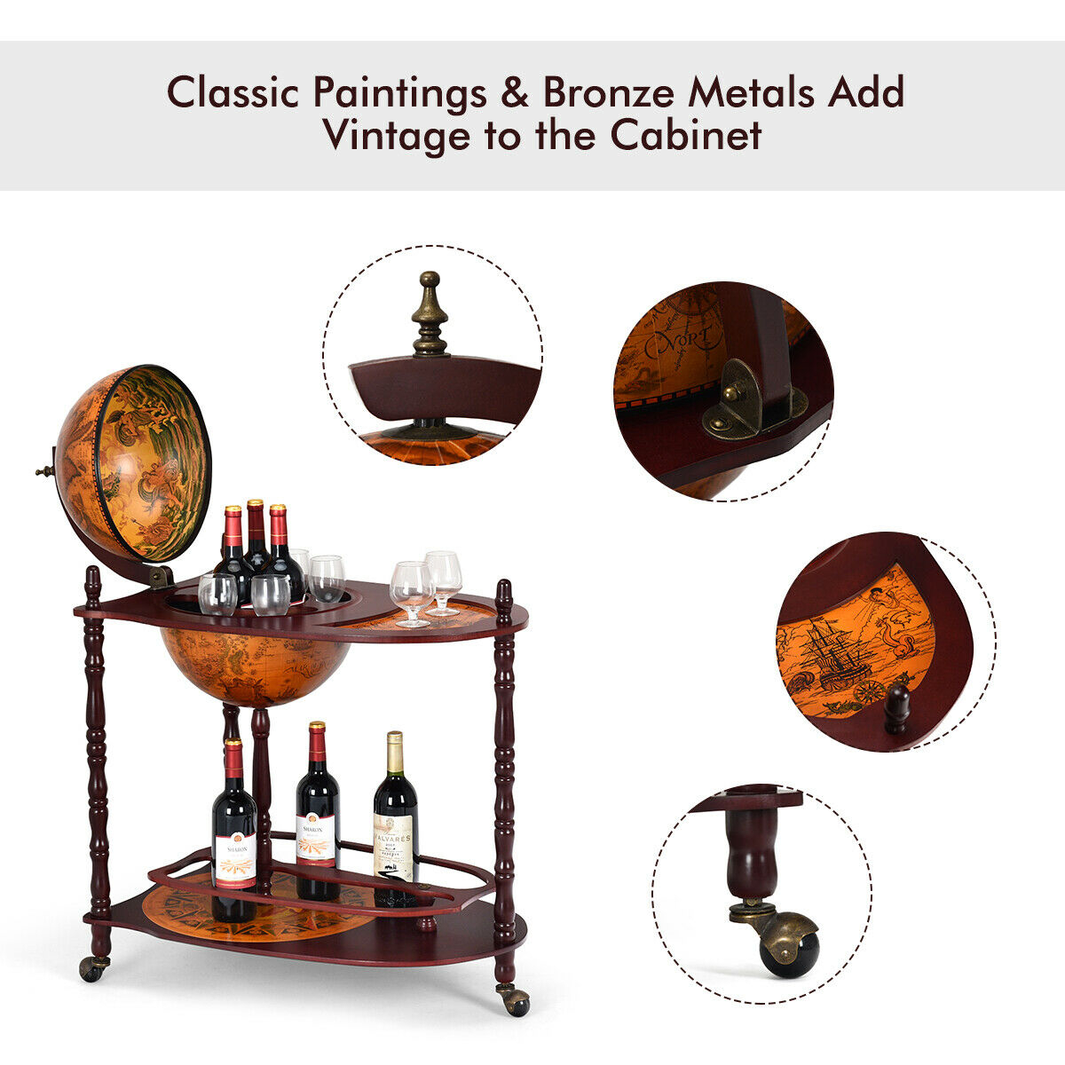 Costway Wood Globe Wine Bar Stand 34 H 16th Century Italian Rack Liquor Bottle Shelf pertaining to size 1200 X 1200