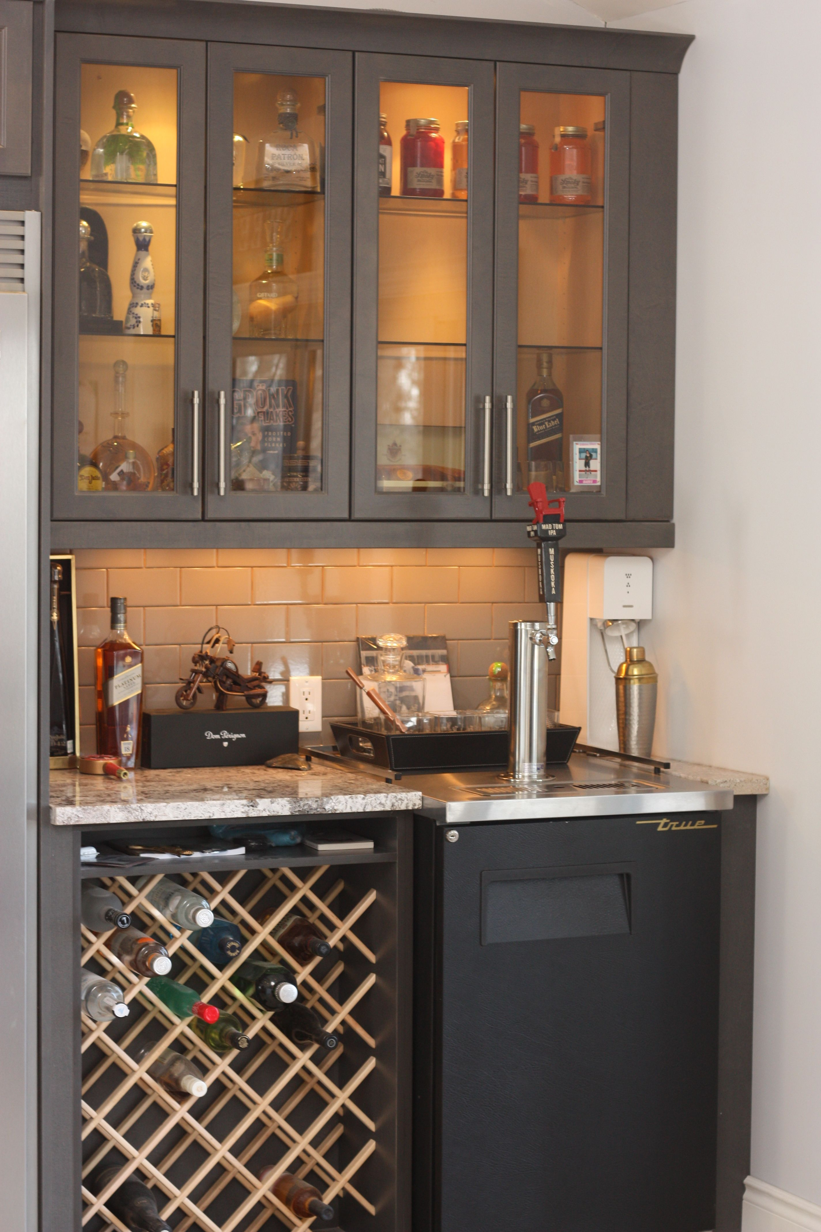 Custom Wine Rack In Bar Area With Kegerator And Glass Door in sizing 2848 X 4272