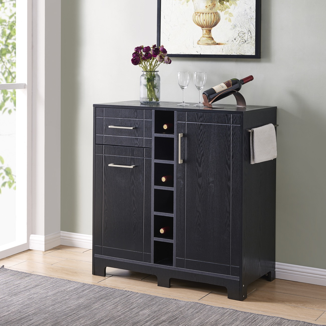Details About Modern Buffet Server Sideboard Bar Cabinet With Wine Storage And Racks Black in sizing 1300 X 1300
