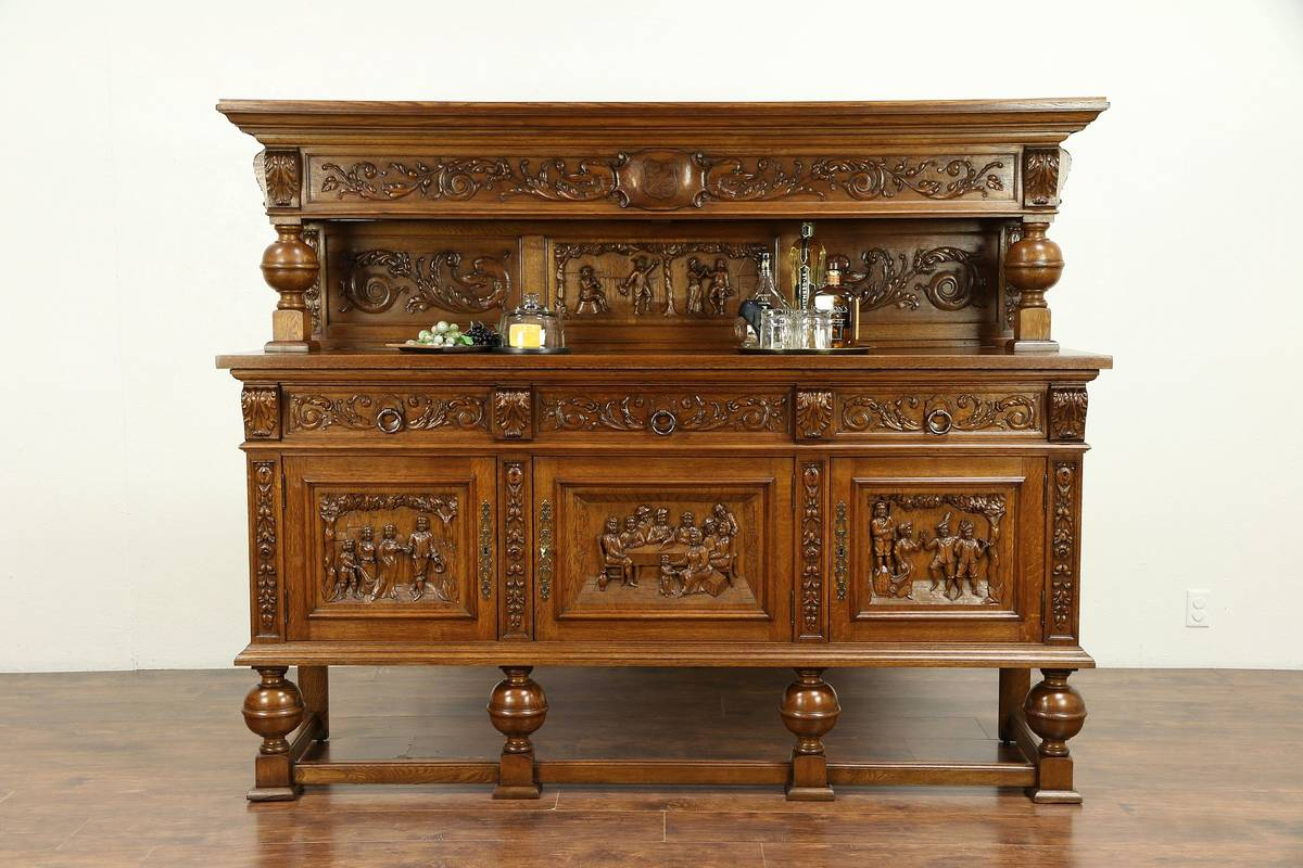 Details About Oak Danish Antique Sideboard Or Back Bar Cabinet Hand Carved Scenes 30478 for proportions 1200 X 800