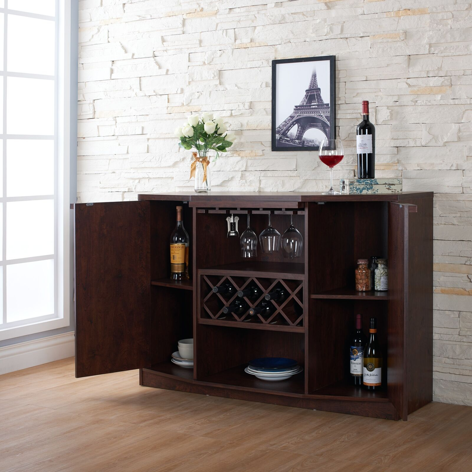 Details About Wine Bar Buffet Cabinet Bottle Rack Wood Storage Hutch Furniture Walnut Brown within measurements 1600 X 1600