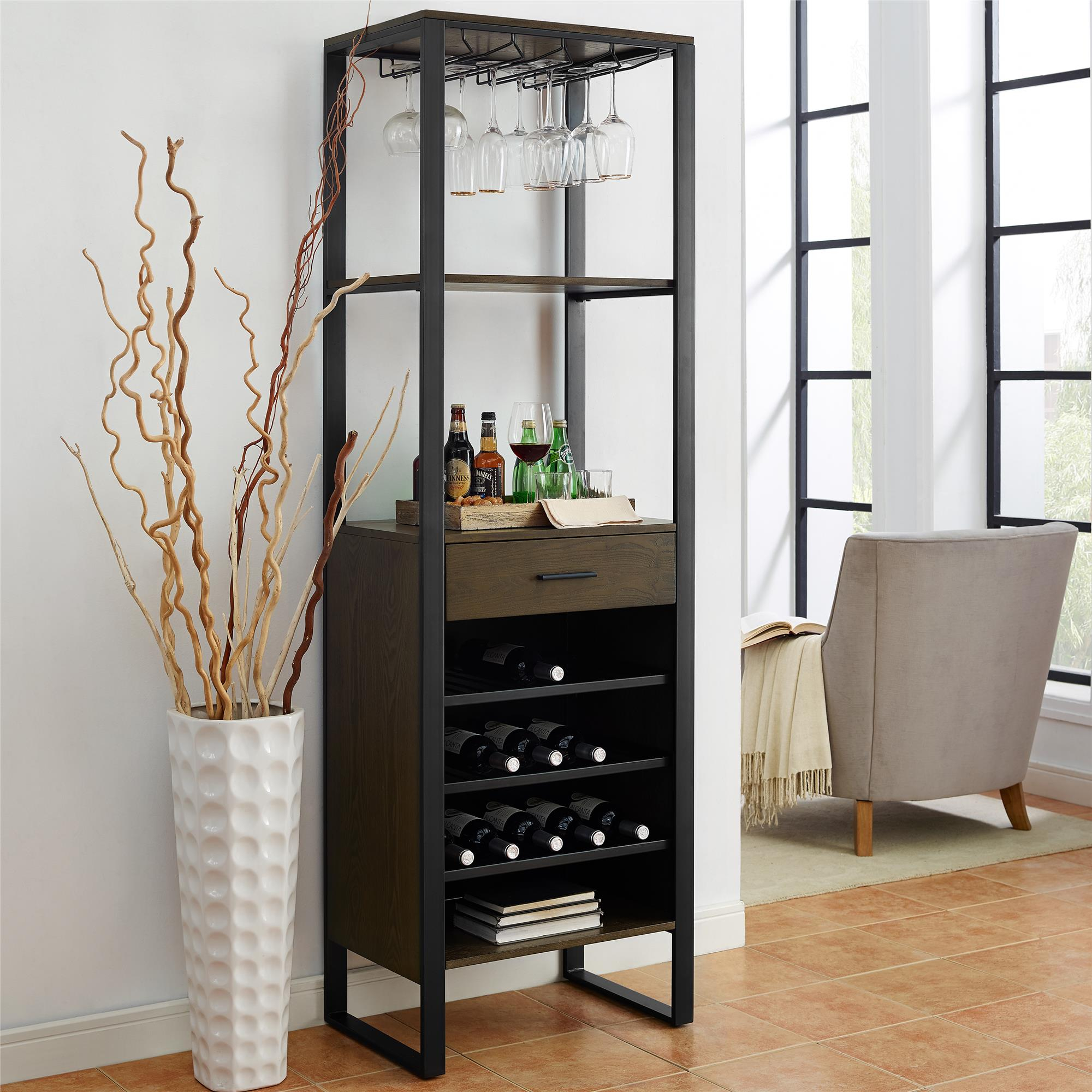 Dorel Living Soto Bar Cabinet With Wine Storage Ash Veneer With Gunmetal Finish for dimensions 2000 X 2000