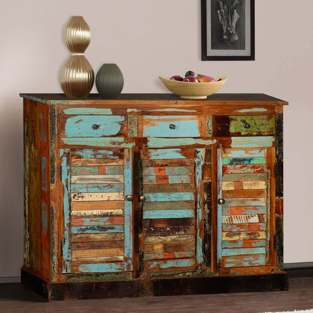 Dravin Rustic Reclaimed Wood 3 Drawer Sideboard Buffet Cabinet in size 1200 X 1200