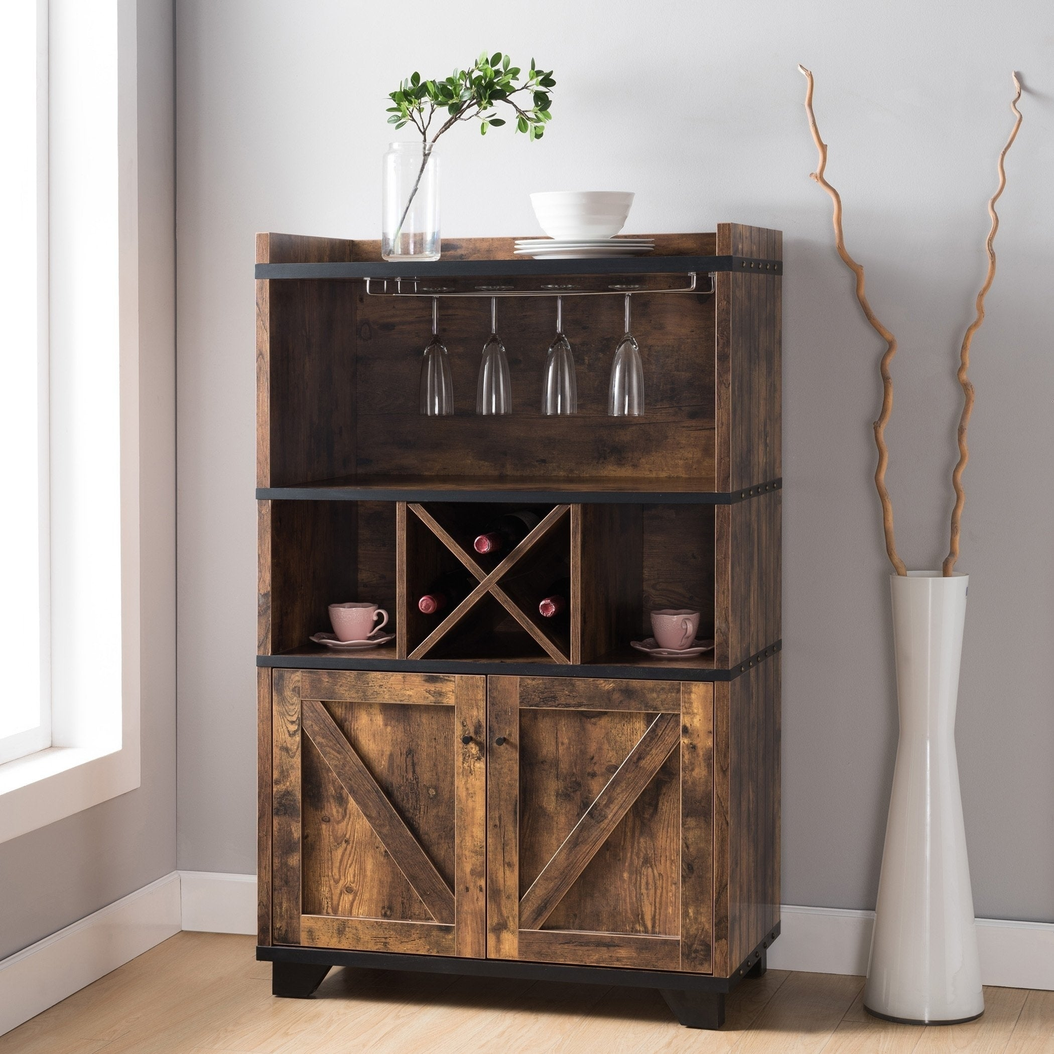 Furniture Of America Wesleyan Rustic Farmhouse Wine Cabinet Buffet with regard to size 2100 X 2100