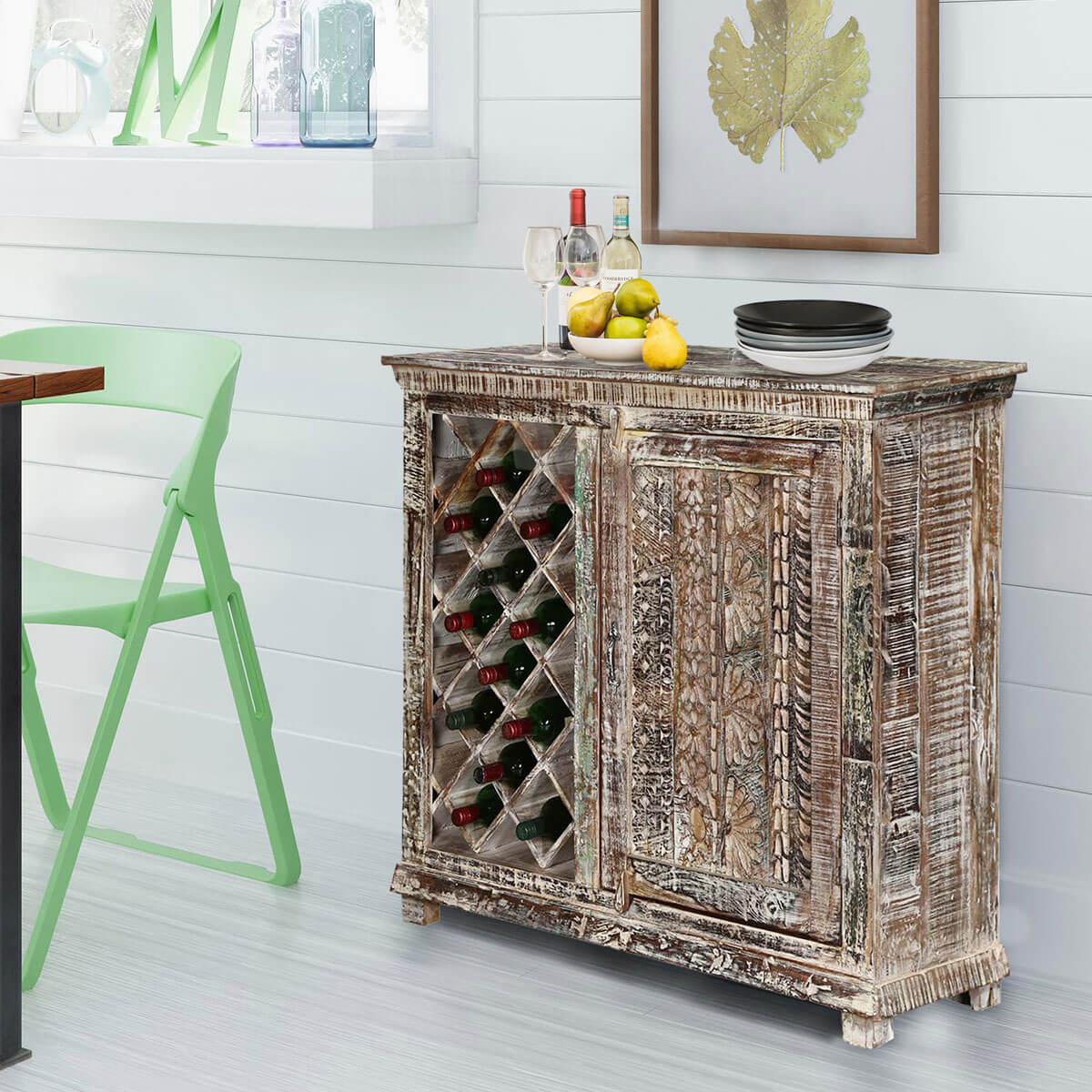 Hand Painted Distressed Solid Wood Rustic Bar Cabinet With 12 Bottle Holders with regard to dimensions 1200 X 1200