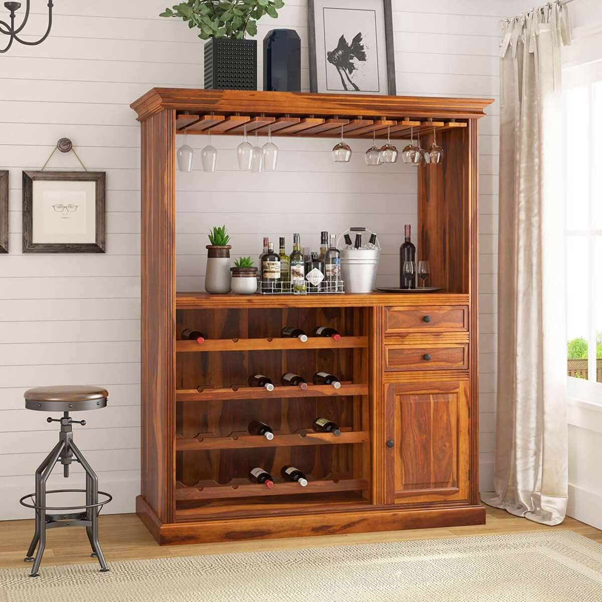 Houston Handcrafted Solid Wood Wine Bar Cabinet With Glass Stem Rack throughout measurements 1200 X 1200