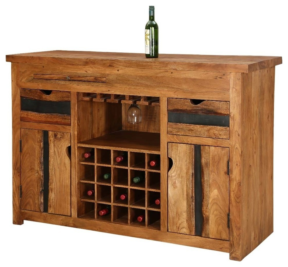 Modern Pioneer Acacia Live Edge Wood Wine Bar Cabinet pertaining to proportions 990 X 918