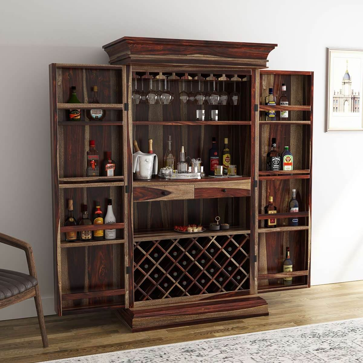 Ohio Rustic Solid Wood 76 Tall Home Wine Bar Cabinet inside proportions 1200 X 1200