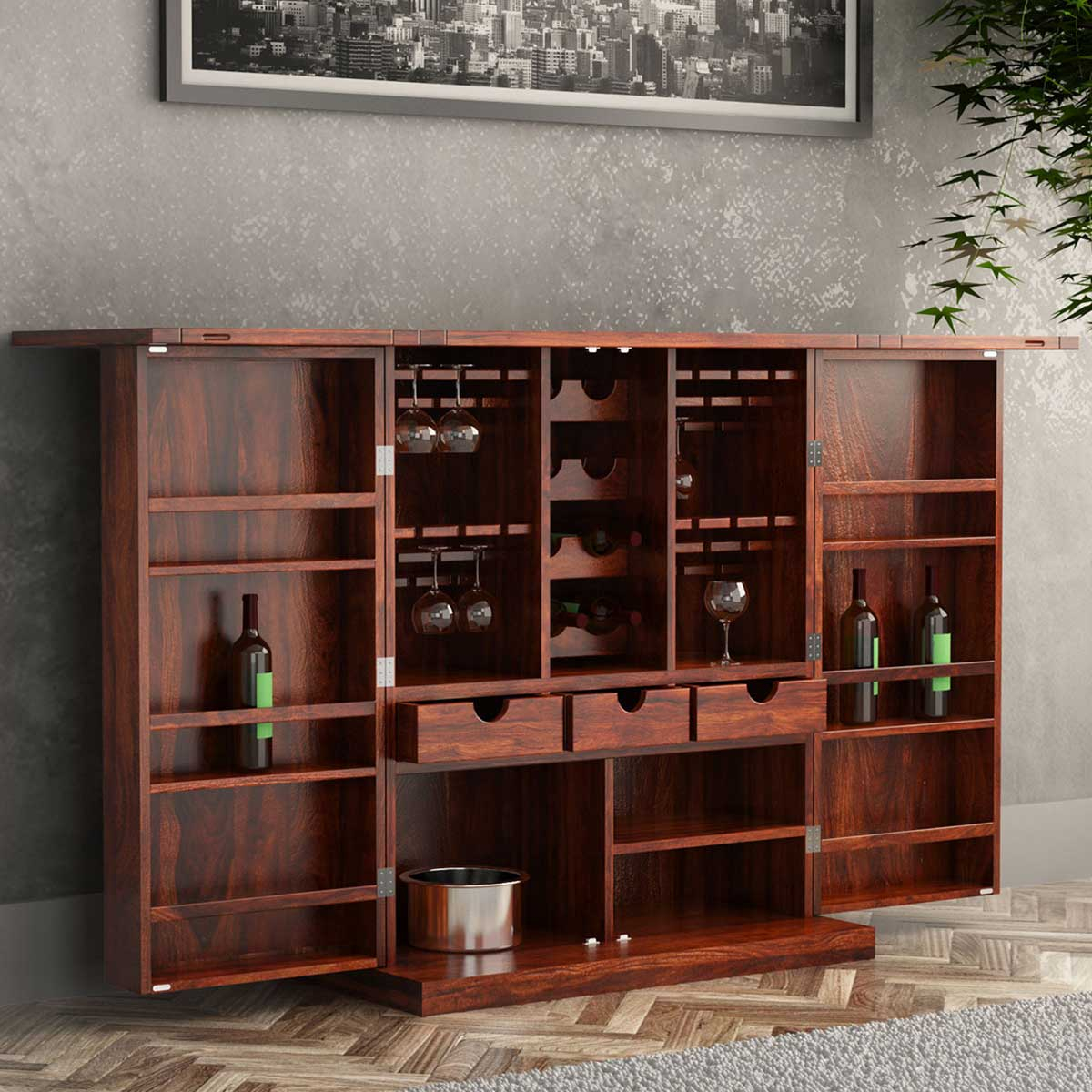 Richmond Rustic Solid Wood Expandable Bar Cabinet With Wine Storage pertaining to dimensions 1200 X 1200
