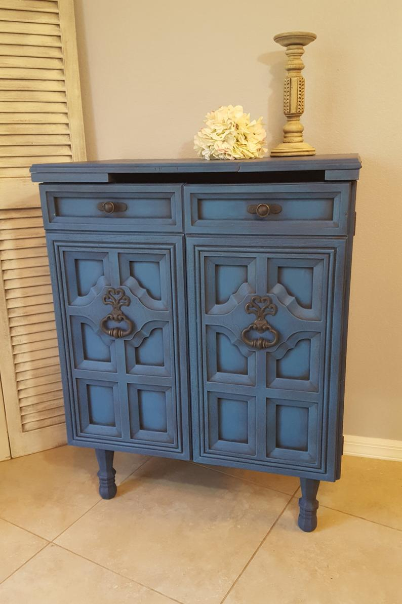 Sold Vintage Bar Cabinet Re Purposed Bar Cart Hand Painted And Distressed In Layers Of Vibrant Blues Over Black with regard to dimensions 794 X 1193
