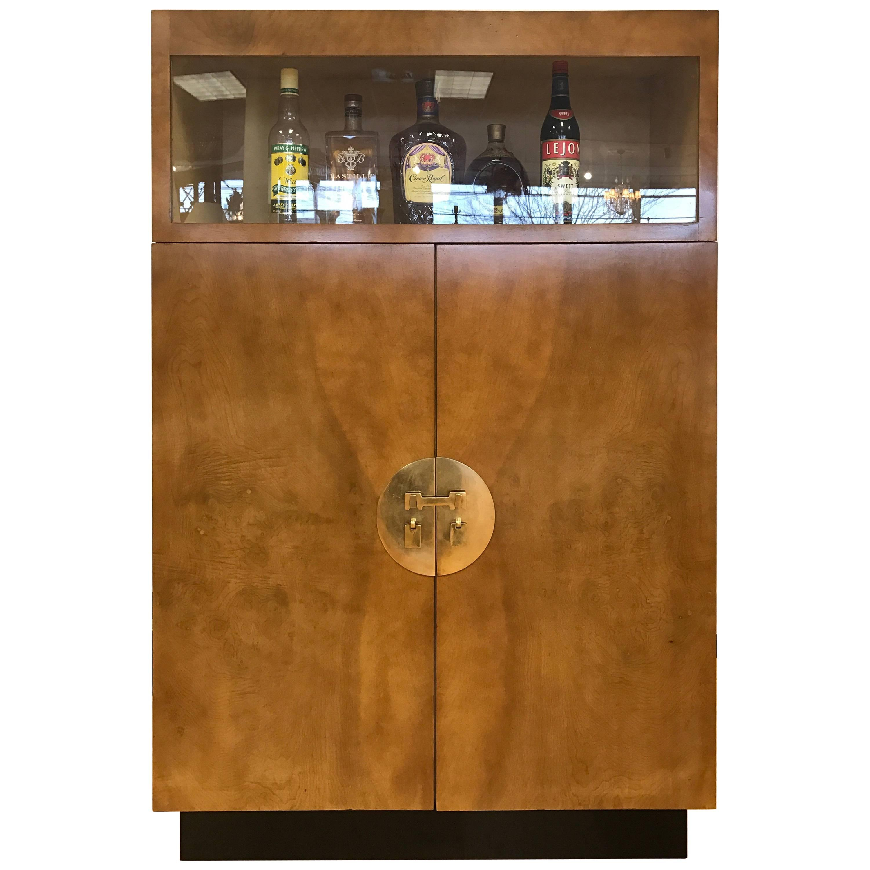 Tall Midcentury Chinoiserie Campaign Bar Display Cabinet Burl Wood throughout measurements 3000 X 3000