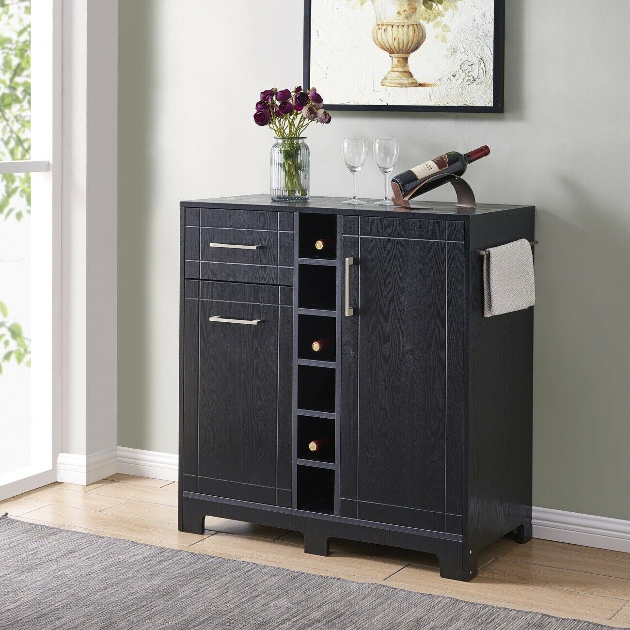 Vietti Home Bar Cabinet With Bottle Glass Storage Drawers In Black Oak Finish pertaining to sizing 1300 X 1300