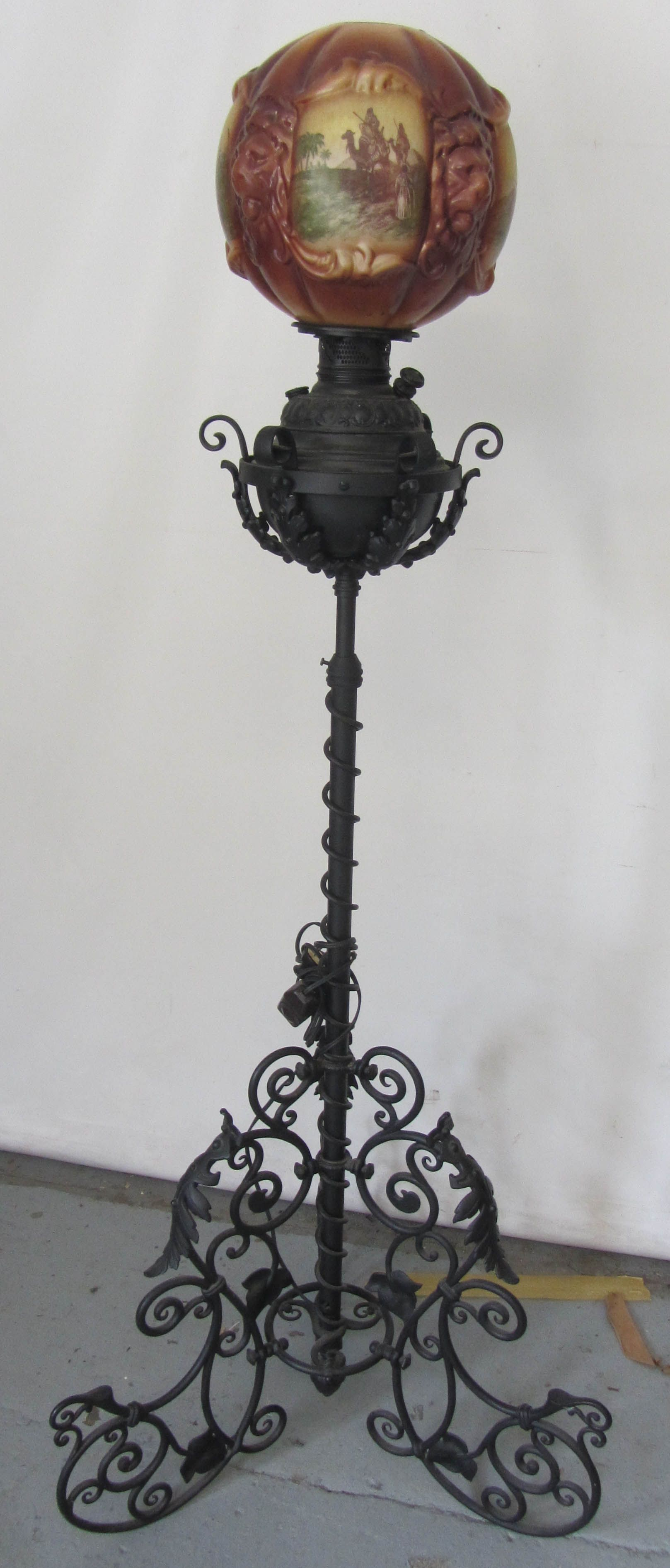 19th C Wrought Iron Piano Lamp With Arabian Scene Shade 61 within dimensions 1617 X 3781