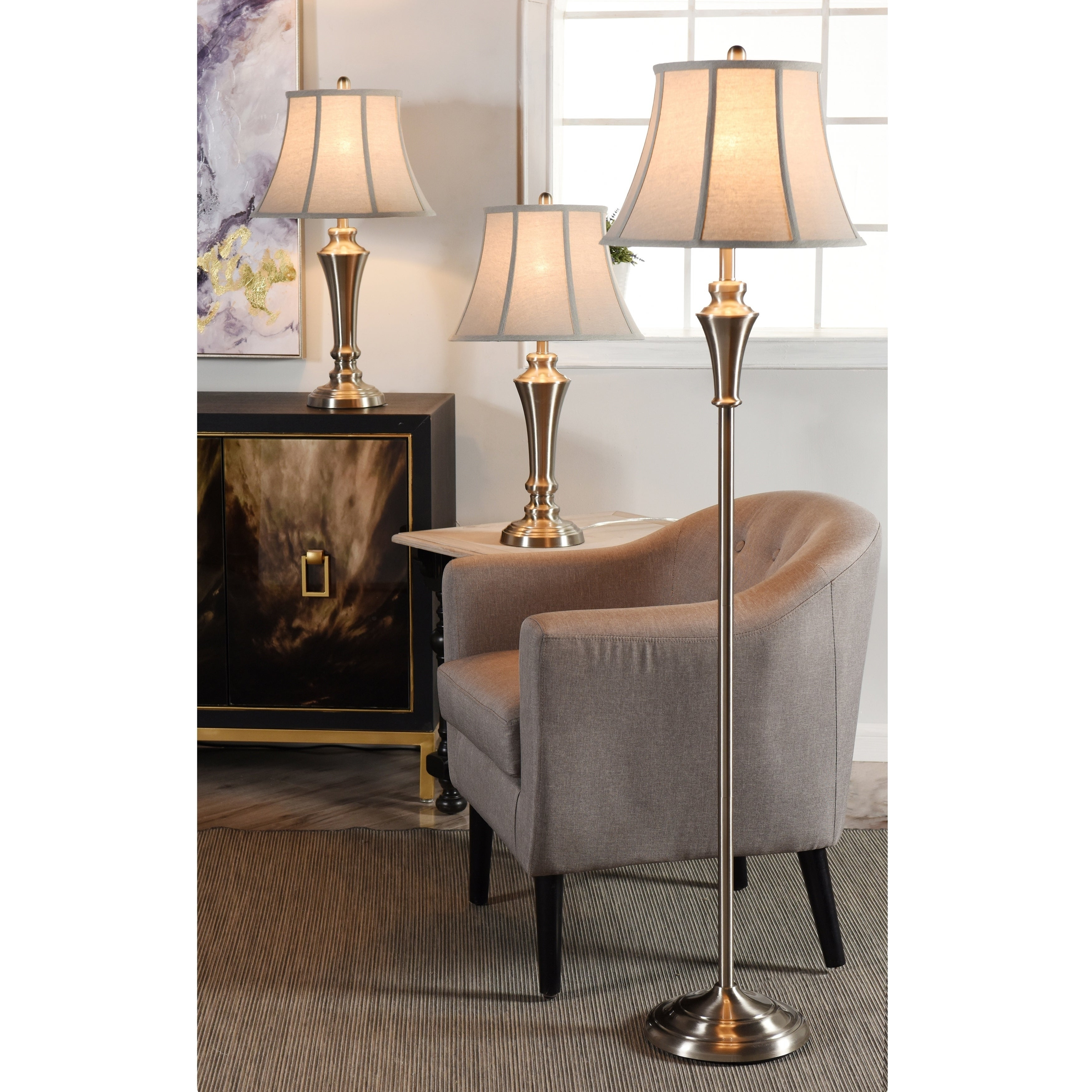 3 Piece Brushed Nickel Floor And Table Lamp Set Geneva Taupe Fabric Shade intended for dimensions 3500 X 3500