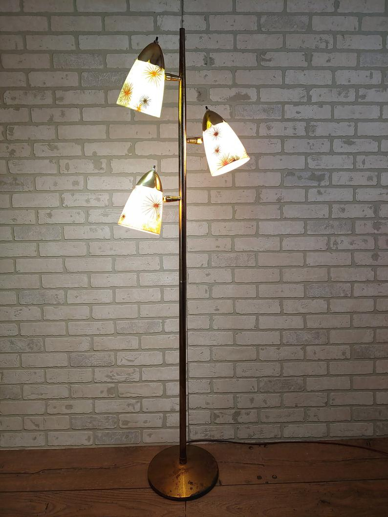 Atomic Mid Century Modern Brass Floor Lamp With Fiberglass Fireworkflowerstarburst Shades pertaining to dimensions 794 X 1059