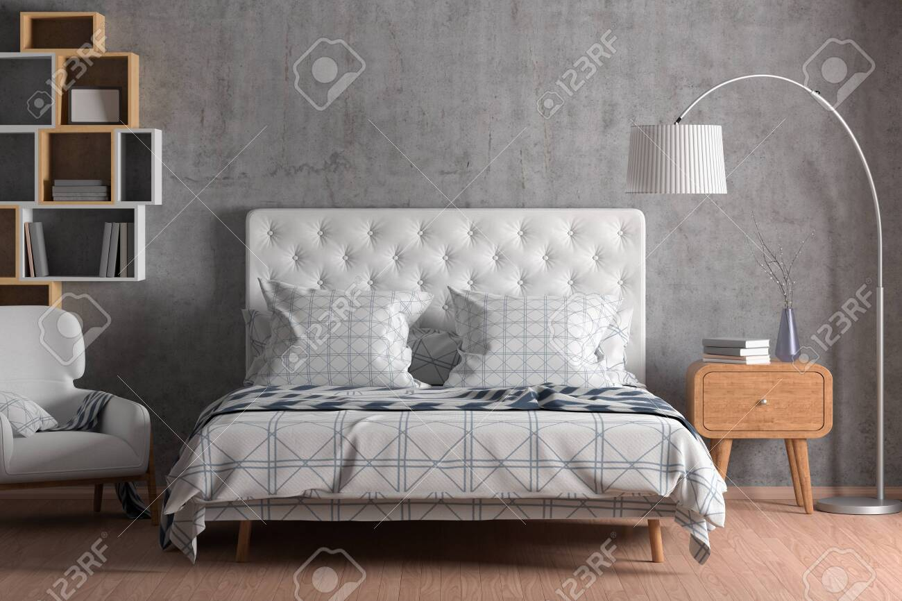 Bedroom Interior With Bed With Duvet Bedding And Pillows Bookshelf within size 1300 X 866