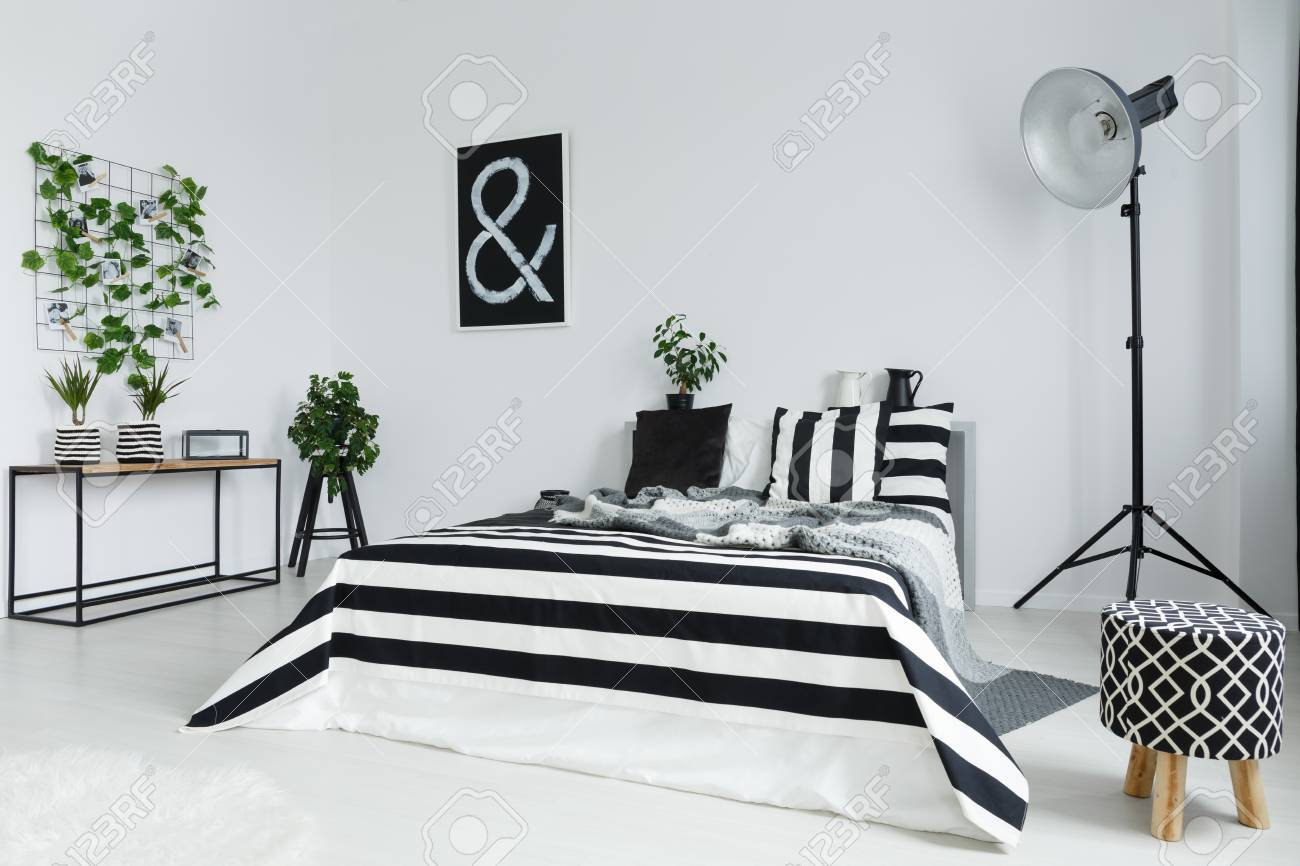 Black And White Bedroom With House Plants And Floor Lamp inside measurements 1300 X 866