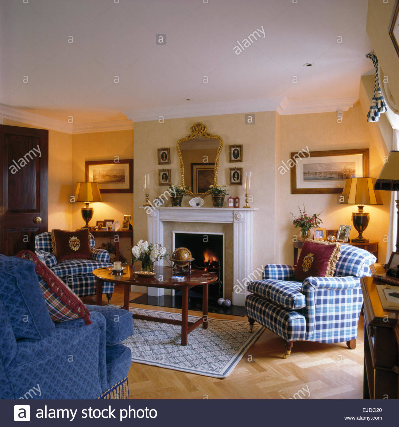 Blue Checked Armchairs On Either Side Of Fireplace In with regard to sizing 1300 X 1389