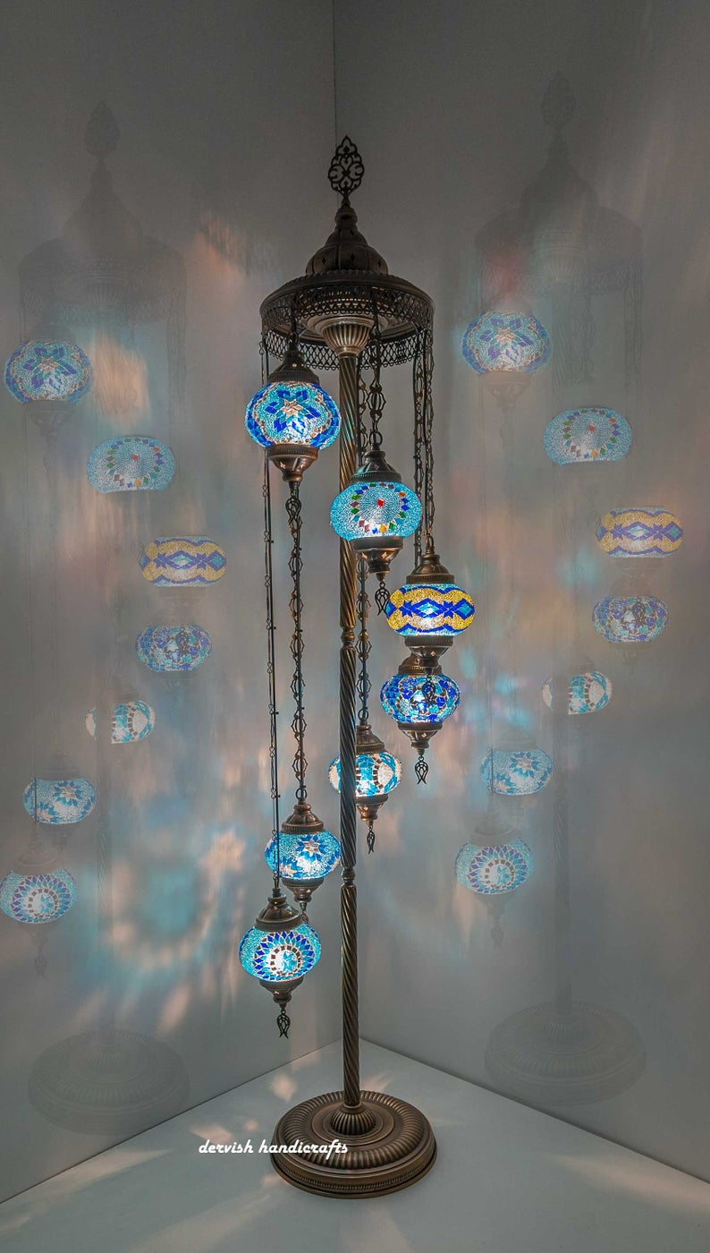 Bold Blue Beam Turkish Mosaic Floor Lamp Moroccan Lantern Modern Floor Lamp Customizable Handmade Mosaic Globes 61 Height 7 Pcs Globes for proportions 794 X 1400