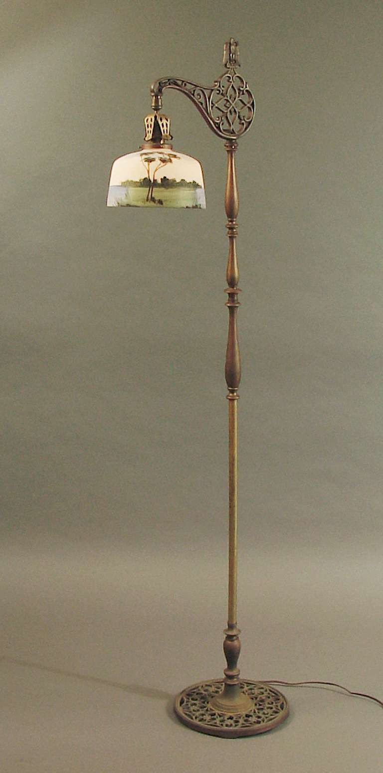 Brass Bridge Floor Lamp With Hand Painted Scenic Glass Shade within size 768 X 1551