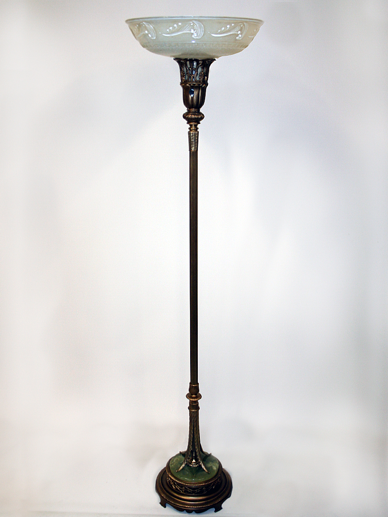 Brass Torchiere Floor Lamp W Green Onyx Accented Pierced Base C 1935 with measurements 800 X 1067