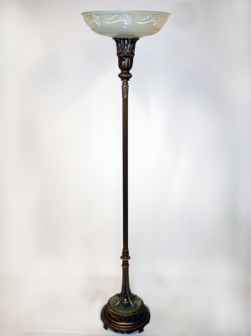 Brass Torchiere Floor Lamp W Green Onyx Accented Pierced Base C 1935 with proportions 800 X 1067